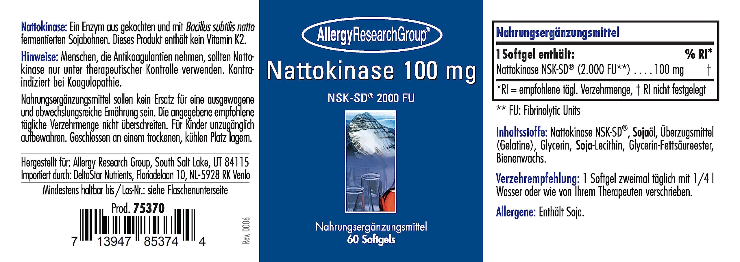 Allergy Research Group Nattokinase NSK-SD 100mg 60 Softgels