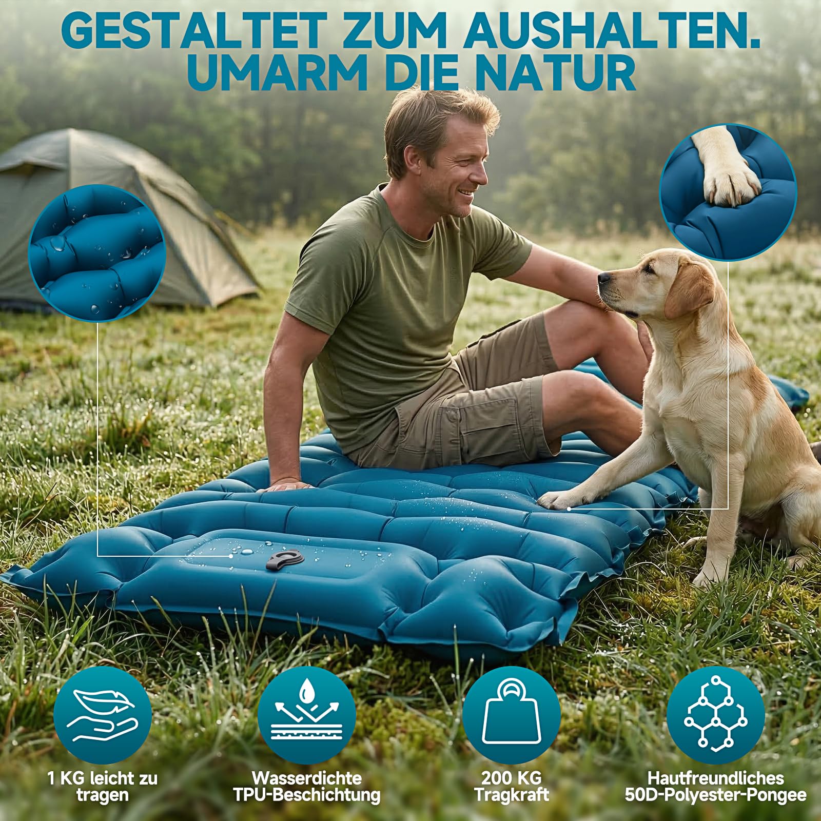 Isomatte Camping Luftmatratze 9,5cm verdickt, 200x69cm Ultraleicht Luftzellenmatte Aufblasbare Matratze Outdoor Wasserdicht Campingmatte Schlafmatte für Strand, Zelt, Wandern