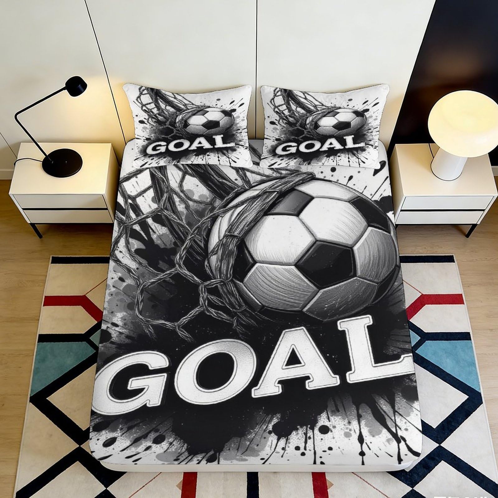 3D Printed Soccer Goal Fitted Sheet Microfiber Soft Breathable Football Net Bed Cover for Bedroom Guest Room Decor 120x200x25cm