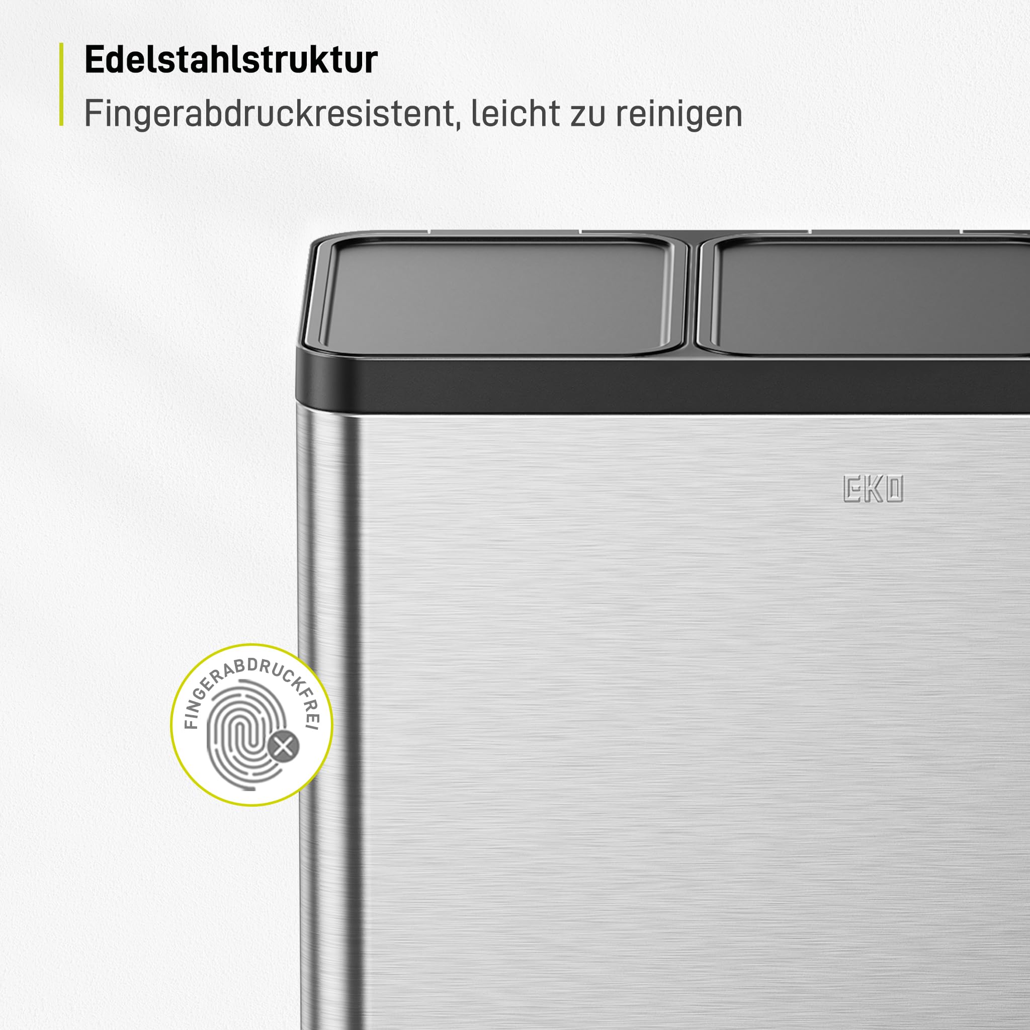 EKO Essential - Pattumiera a 3 scomparti, 3 x 20 litri, sistema di raccolta differenziata, con 20 sacchi della spazzatura, con coperchio, chiusura delicata e ermetica, in acciaio inox spazzolato