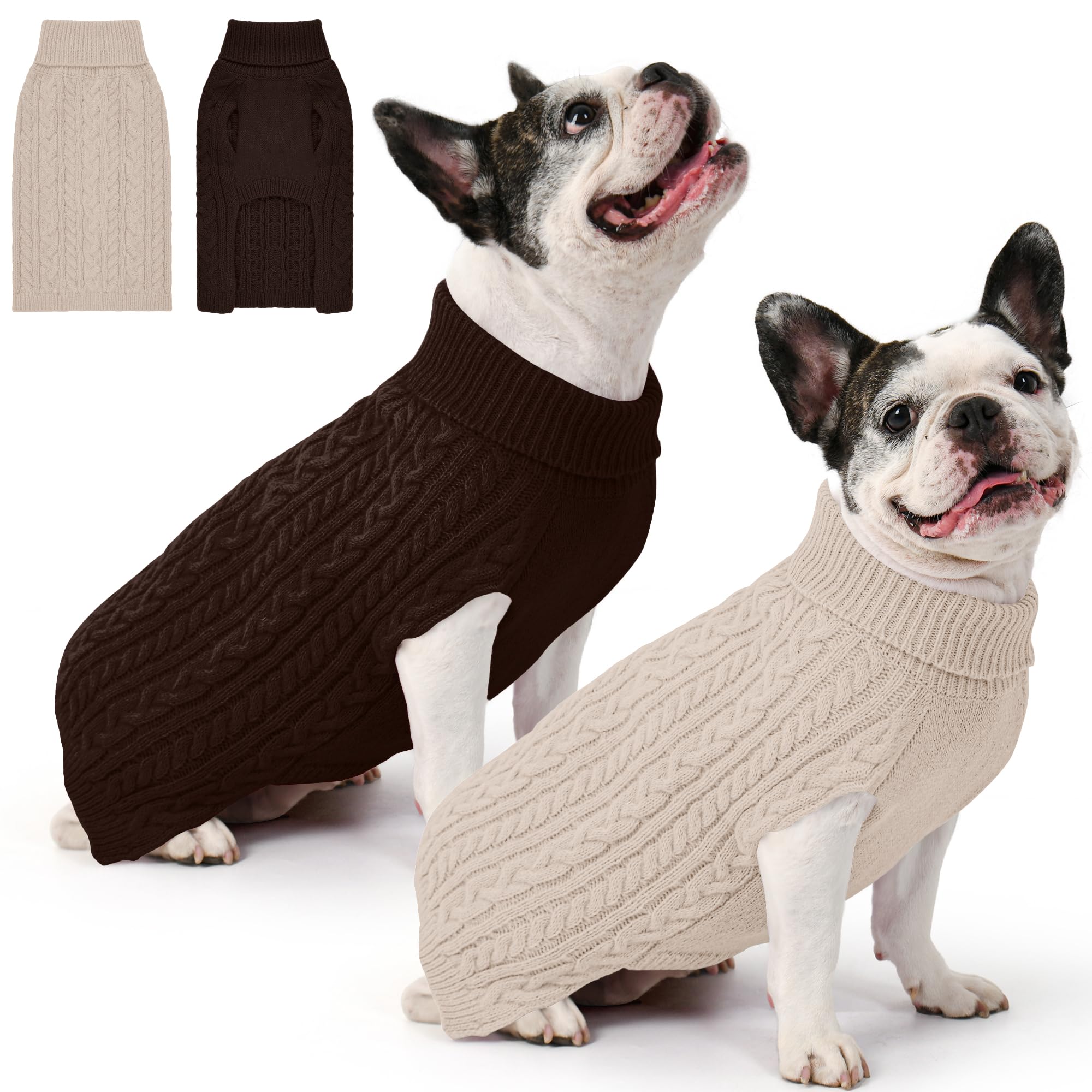 Dog Sweater 2 Pack for Medium Dogs, M, Oatmeal &amp; Brown
