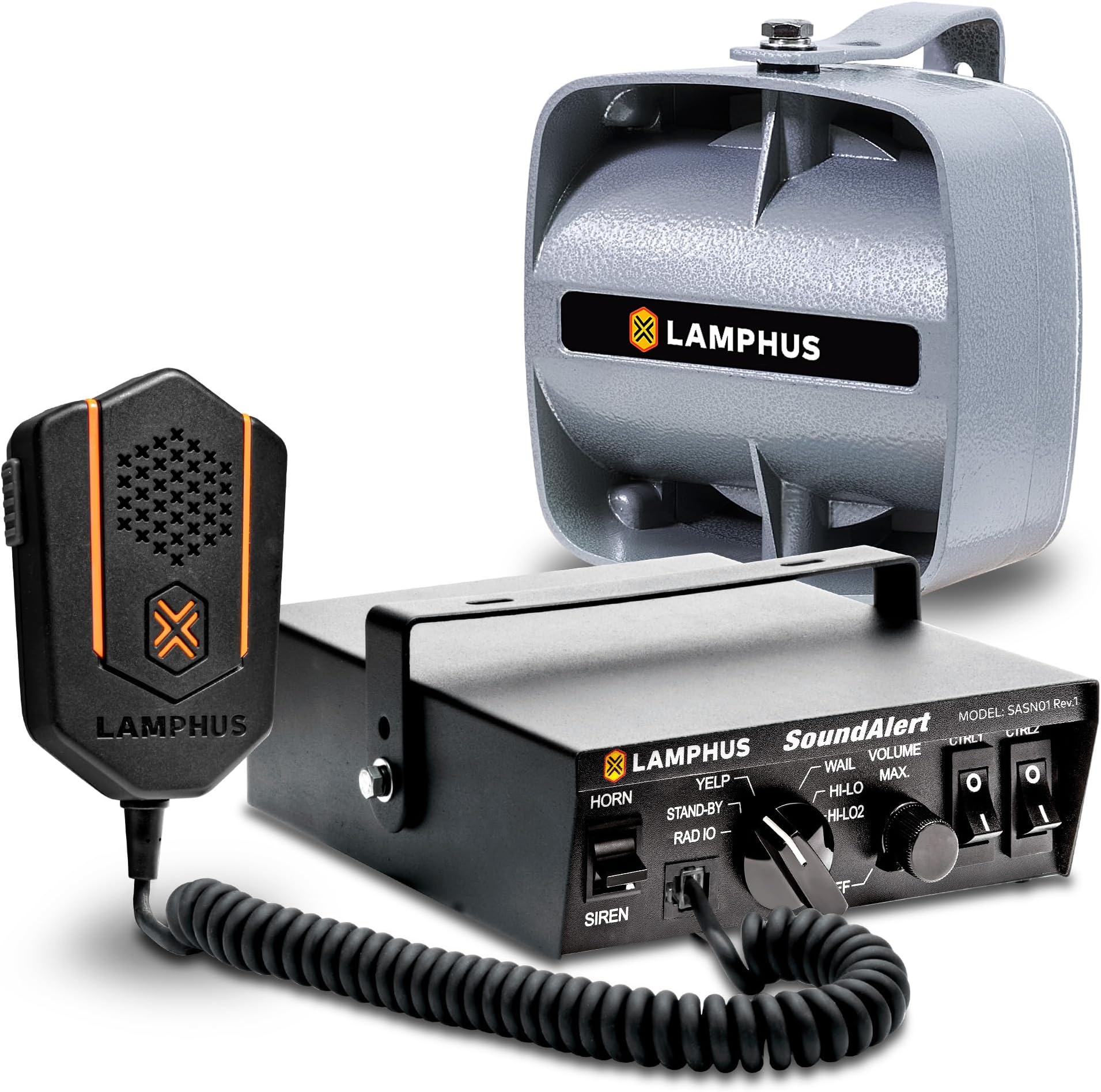 SoundAlert 12V 100W Police Siren PA System Kit [120-130dB Compact Speaker] [2 x 16A Aux Switch] [Hands-Free Air Horn] [PTT Mic] [Radio Rebroadcast] Warning Emergency Siren for Vehicle Tow Truck Van RV