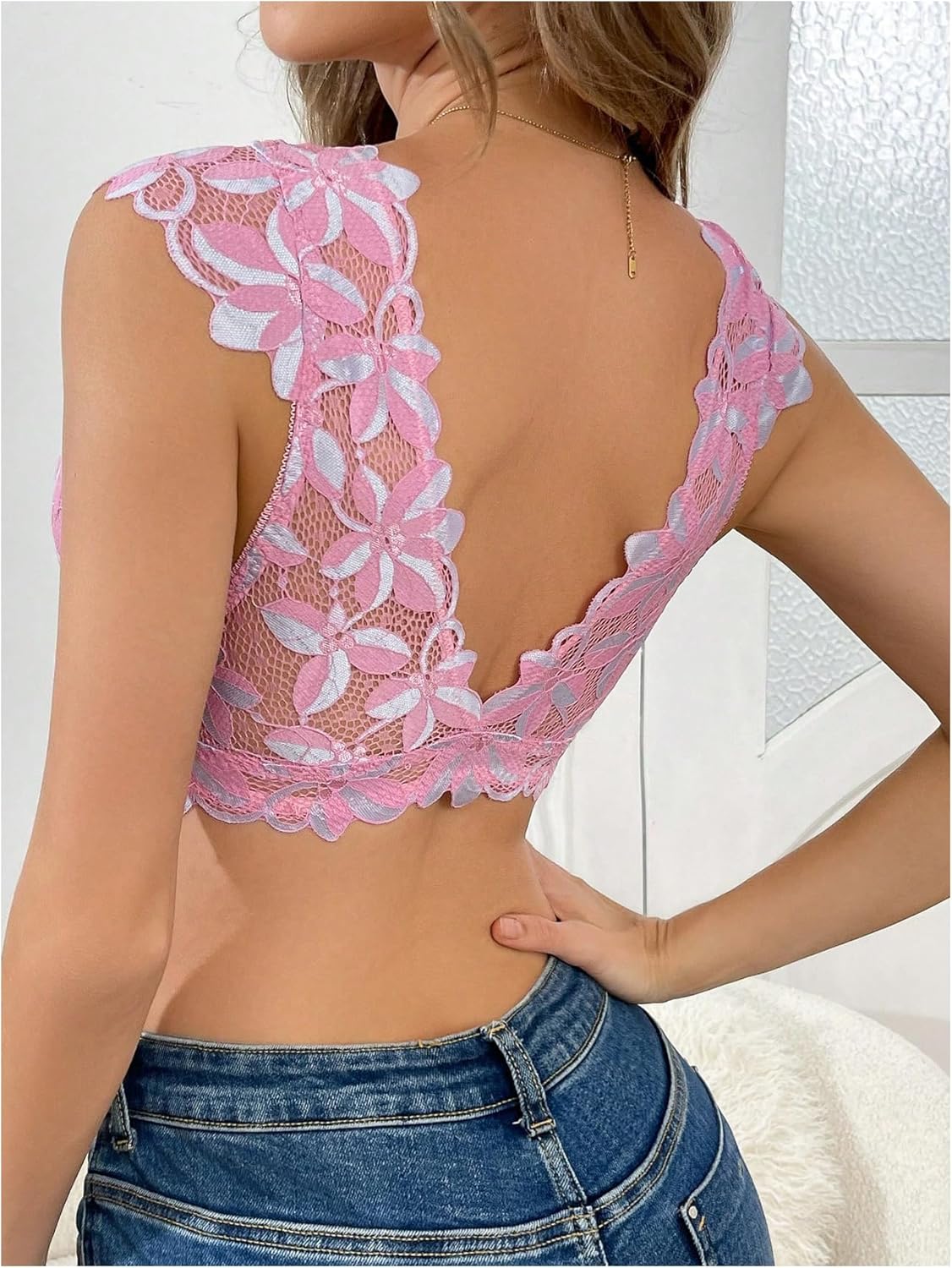 SOLY HUX Lace Bras for Women Front Closure Wireless Bra Deep V Neck Unpadded Everyday Bralette Plain Pink Small - Image 2