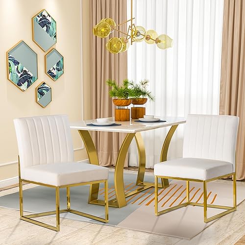 Juego de 2 sillas de comedor modernas, de terciopelo, tapizadas, de mediados de siglo, sin brazos, con base dorada, color beige y blanco, 2 unidades disponible en Yaxa Venezuela