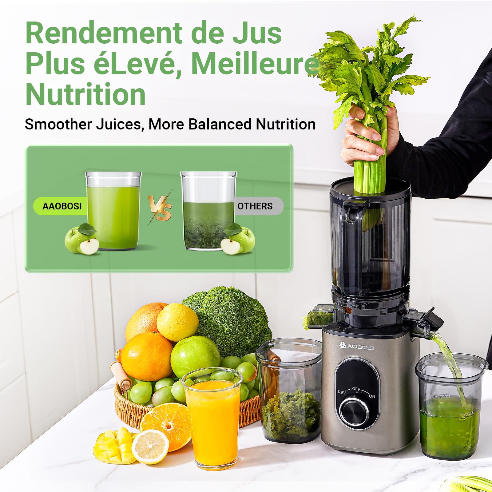 AAOBOSI Extracteur de Jus Fruits Légumes 110 mm Mastication Inversée Sans BPA 2 Tasses Brosse