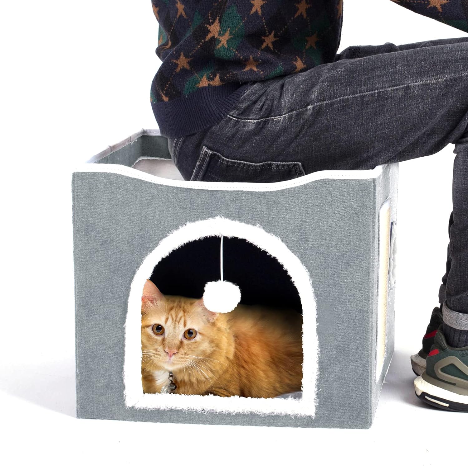 FAREYY Cat Beds for Indoor Cats - Large Cat House Cat Bed Cave Foldable Cat Cube with Cat Scratch Pad and Fluffy Ball Hanging, Cat Hideaway, 15.7 W x15.7 L x 13.8H inches