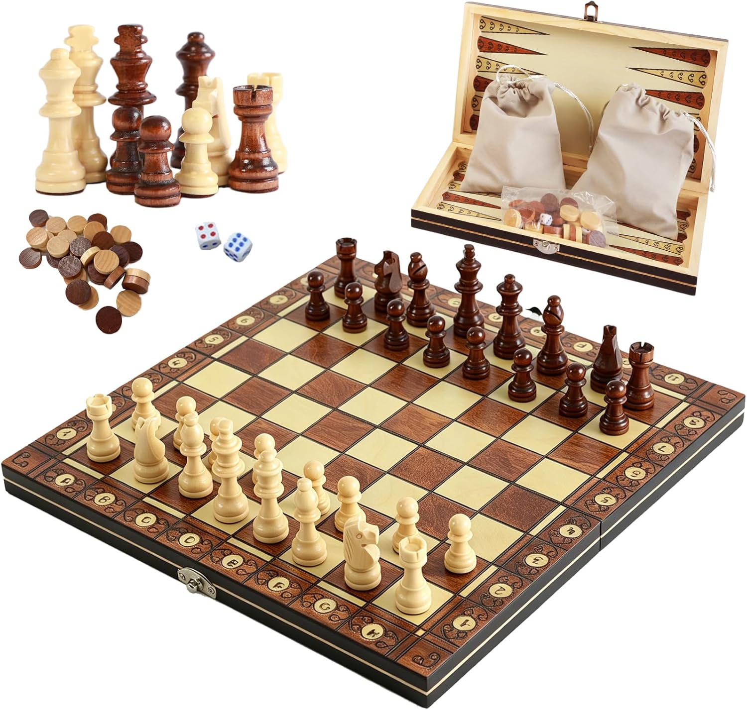 3-in-1 Chess Set Include Chess Checkers Backgammon 11 inch Wooden Board Game Set with Foldable Portable Case for Adults Travel Outdoor