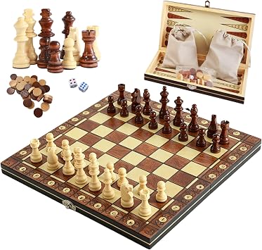 3-in-1 Chess Set Include Chess Checkers Backgammon 11 inch Wooden Board Game Set with Foldable Portable Case for Adults Travel Outdoor