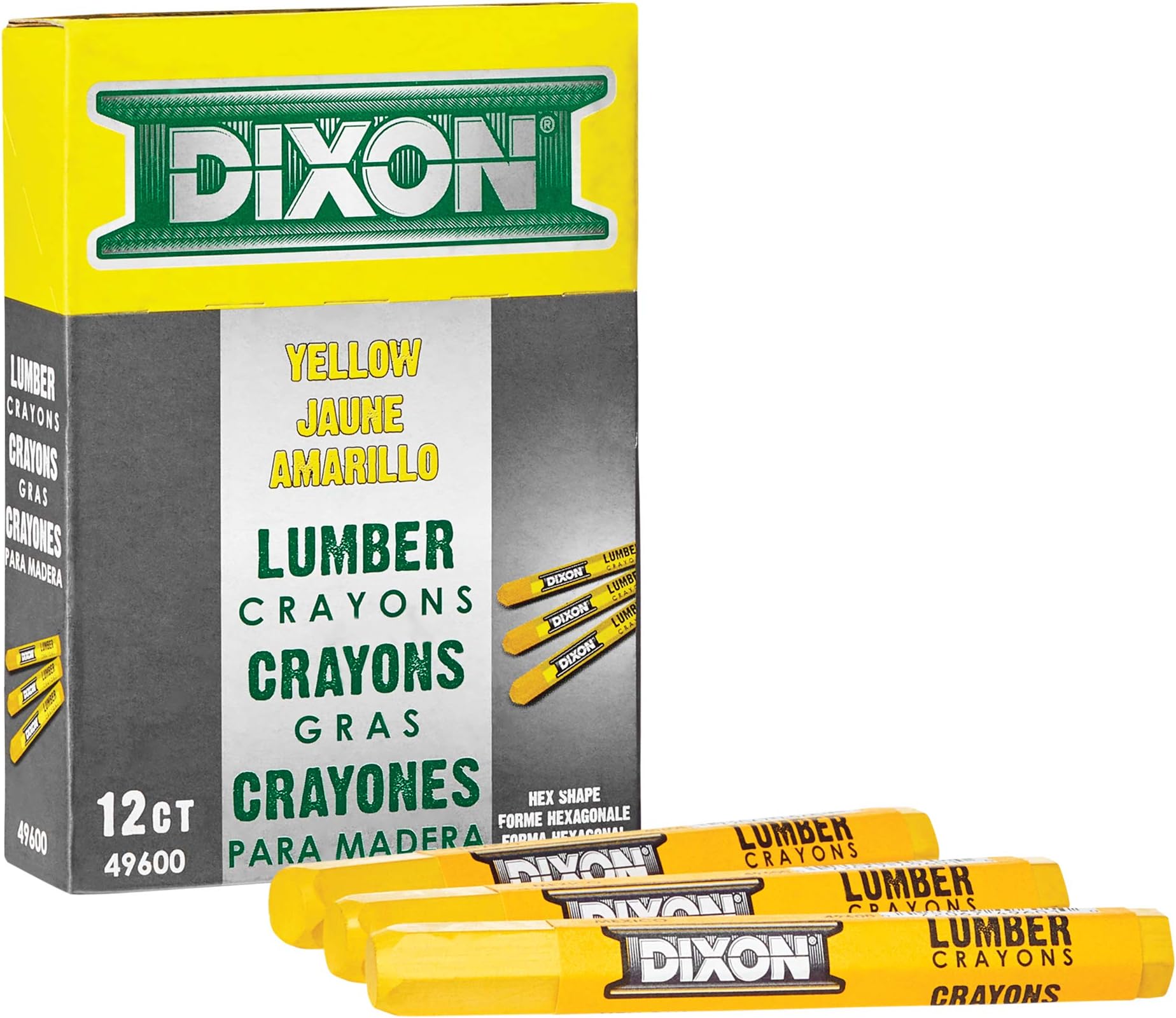 DIXON Industrial Lumber Marking Crayons, 4.5" x 1/2" Hex, Yellow, 12-Pack (X49600)