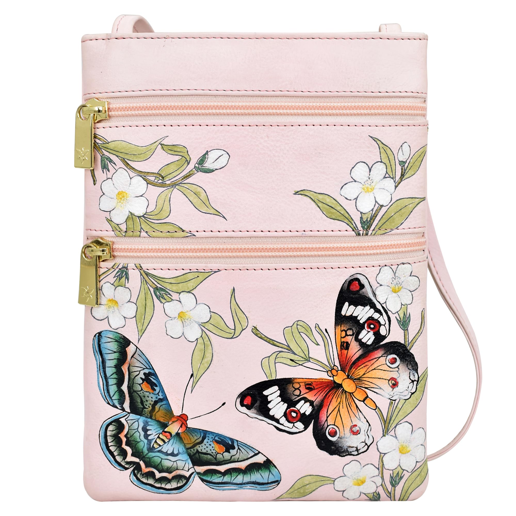 Anuschka Women’s Hand Painted Genuine Leather Mini Double Zip Travel Crossbody - Magnetic Closure, ID Holder & Optical Case