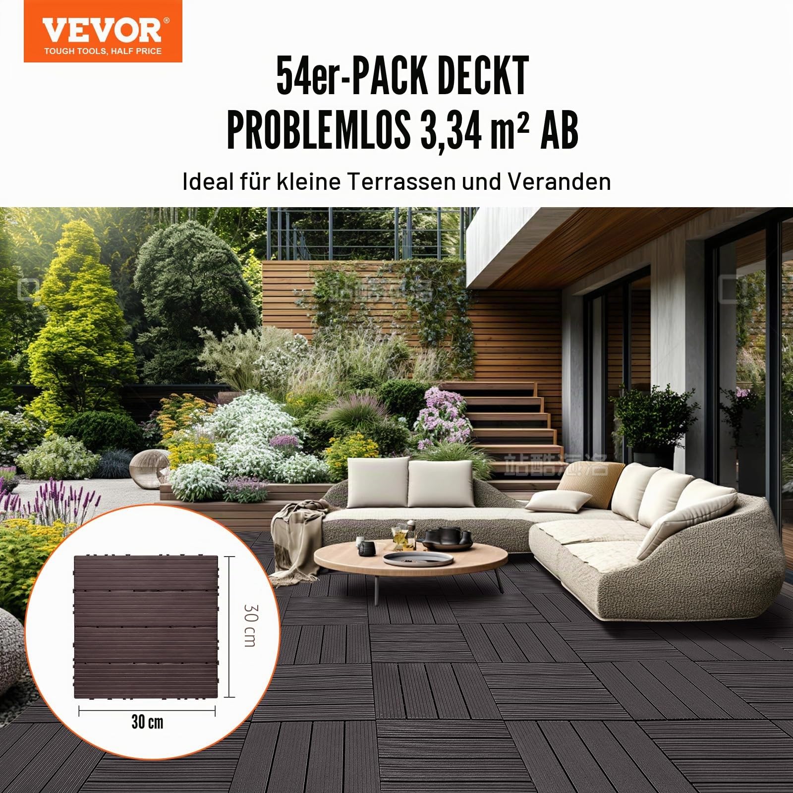 VEVOR Terrassenfliesen, 54er-Set, Balkonfliesen 30x30cm, Klickfliesen, wasserdichter Kunststoff-Bodenbelag für den Außenbereich, Terrassenbodenbelag für Veranda, Pool, Balkon, Hinterhof, Dunkelbraun
