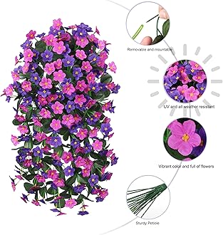 Artificial Fake Hanging Flowers Plants for Outdoor Spring Summer Decoration, 2PCS Faux Silk Daisy Flower Look Real UV Resistant Orchid Vine for Home Outside Garden Wall Indoor(Dark Purple and Fuchsia)