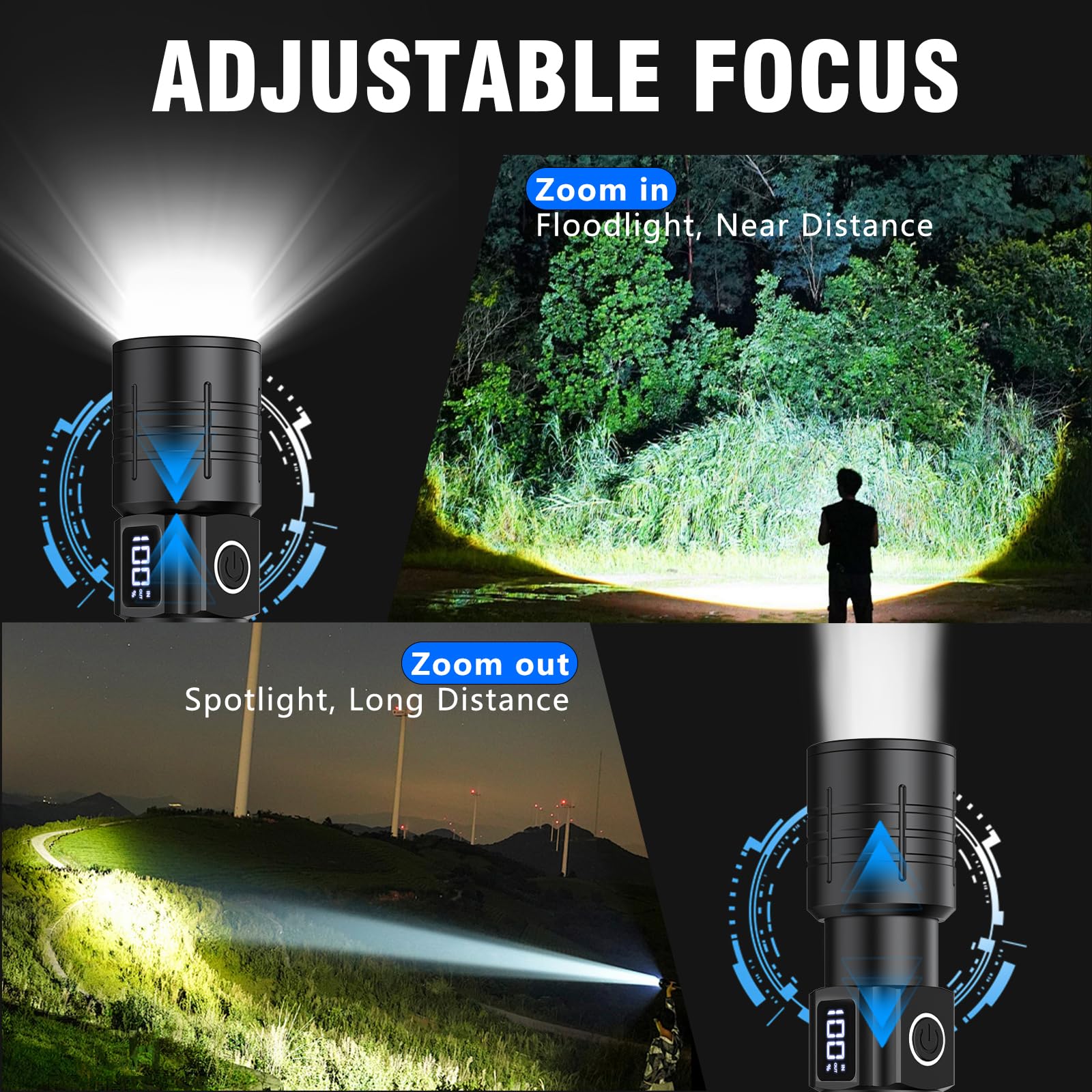 Lampe de poche LED, haute puissance 50 000 lumens, lampe de poche tactique super lumineuse, lampes de poche rechargeables, 6 modes zoomables, étanches, pour urgence, extérieur, maison, camping,