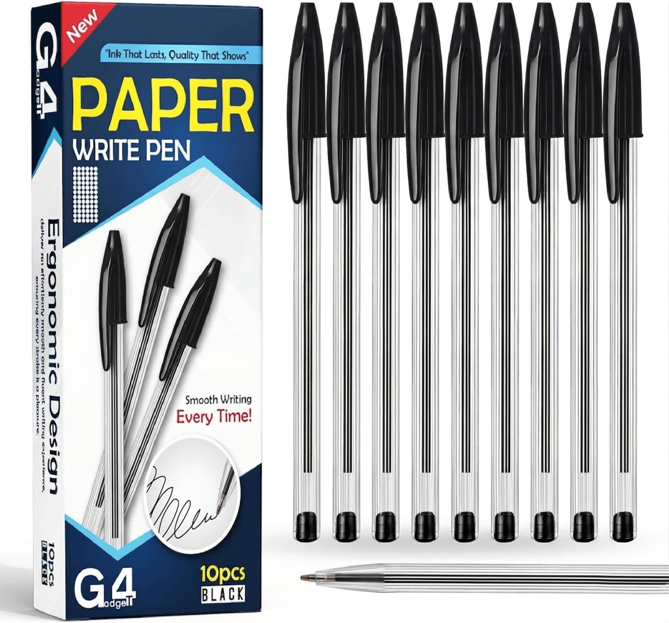 G4GADGET Premium Pack of 10 Black Biro Ballpoint Pens - Medium Tip for Fluent, Smooth Writing - Professional Quality Pens for Home, Office, and School Use - Long-Lasting Ink and Ergonomic Design