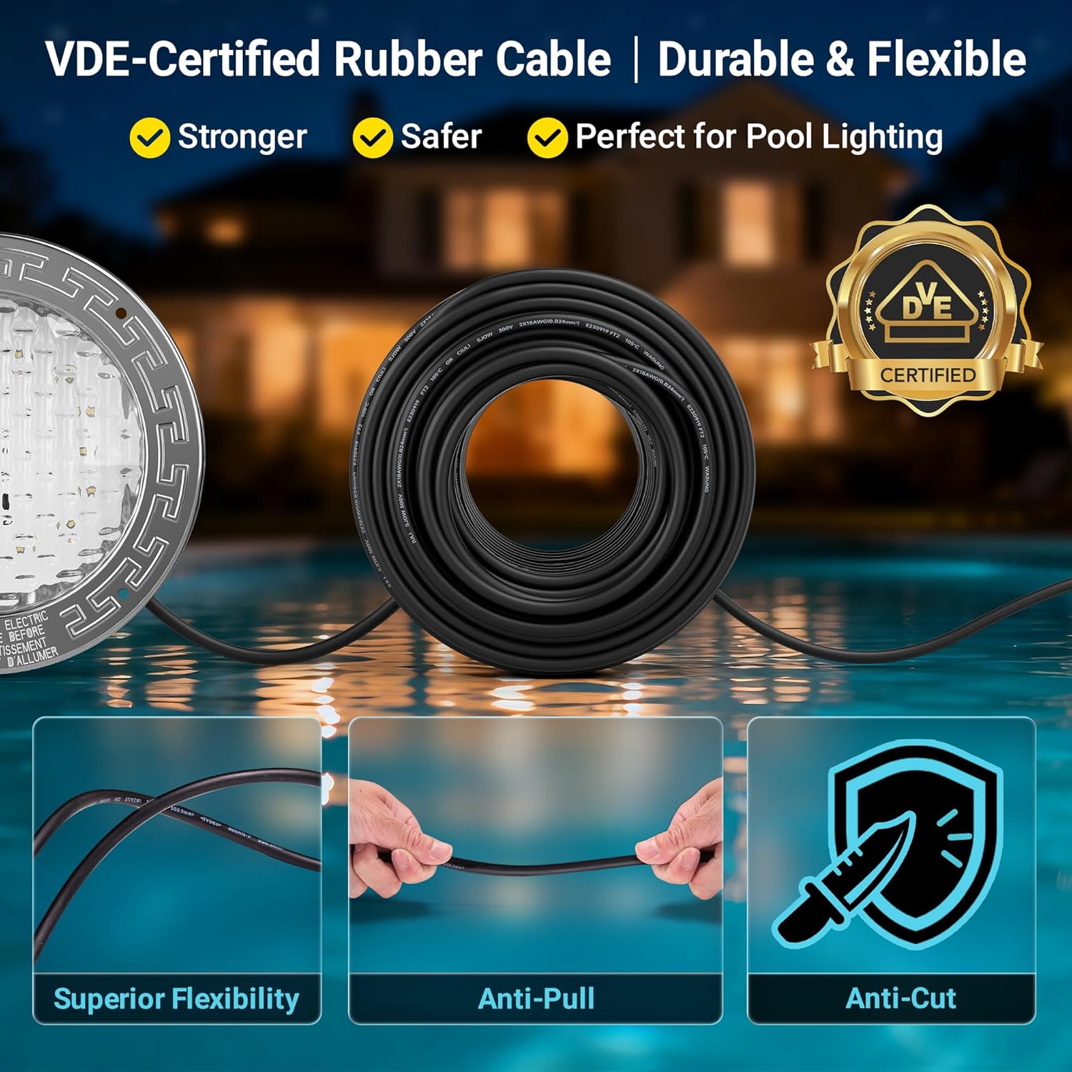 HQUA 12 VAC Color-Changing LED Pool Light – 10 Inch, 7 Light Shows + 5 Fixed Colors, Compatible with IntelliBrite and Color Sync Controllers (50FT)