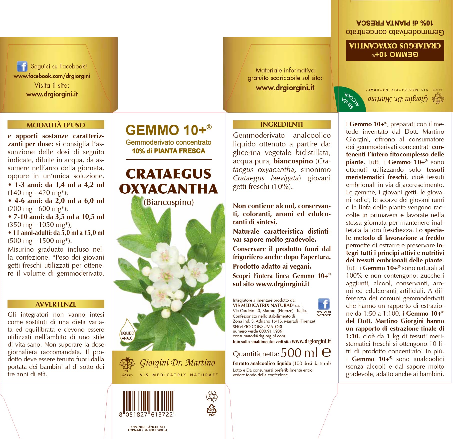 Dr Giorgini GEMMO 10+ BIANCOSPINO Gemmoderivato Concentrato Liquido Analcoolico - 500 ml