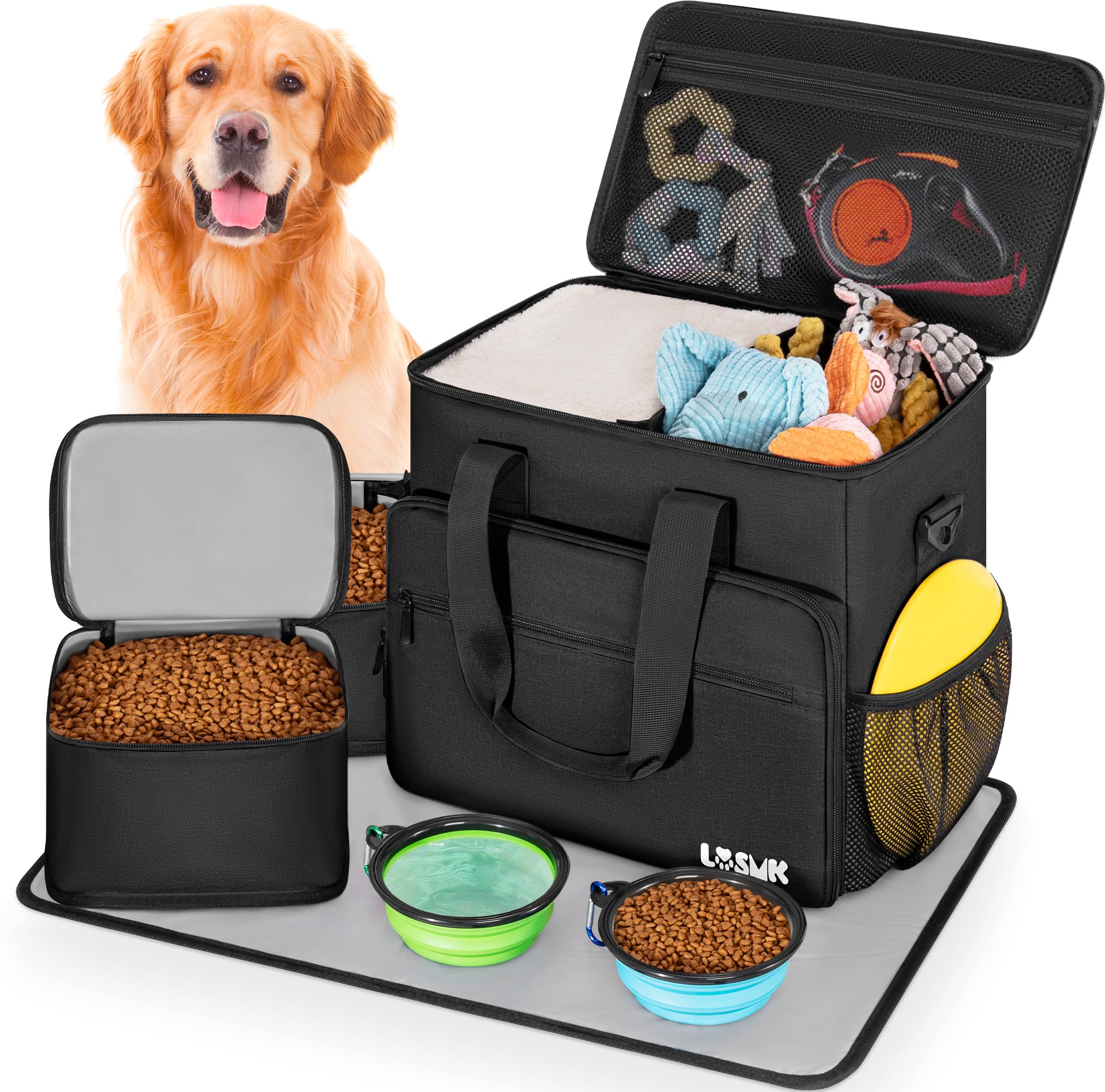 Dog Travel Bag Large Pet Travel Set with Multi-Function Pockets 2 Food Storage Containers 2 Collapsible Bowls 1