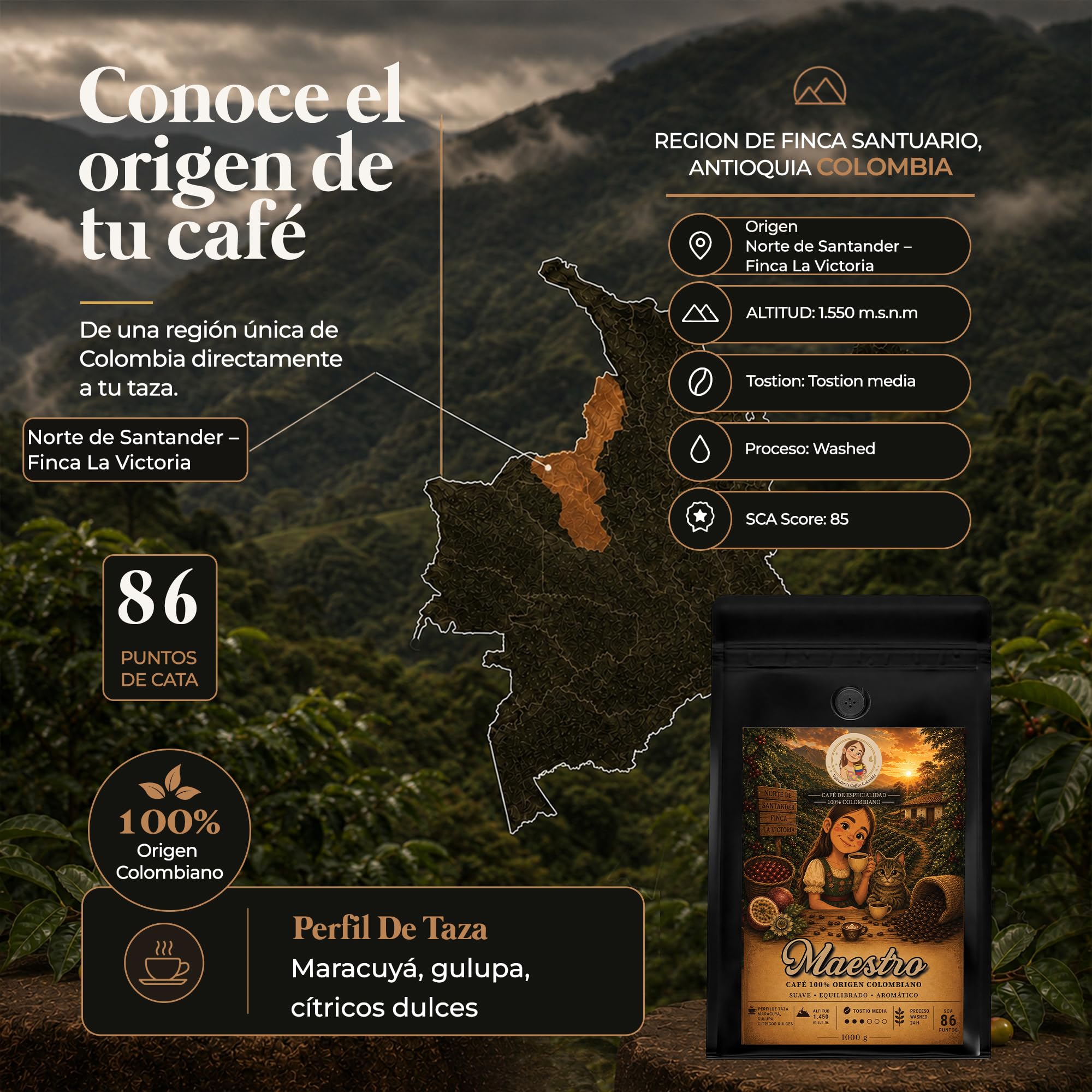 Valentina's Coffee | Maestro | 1000 gr | En Grano | Sabor Maracuya gulupa y un toque de citricos dulces | Intensidad Media | 100% Café Colombiano de Especialidad
