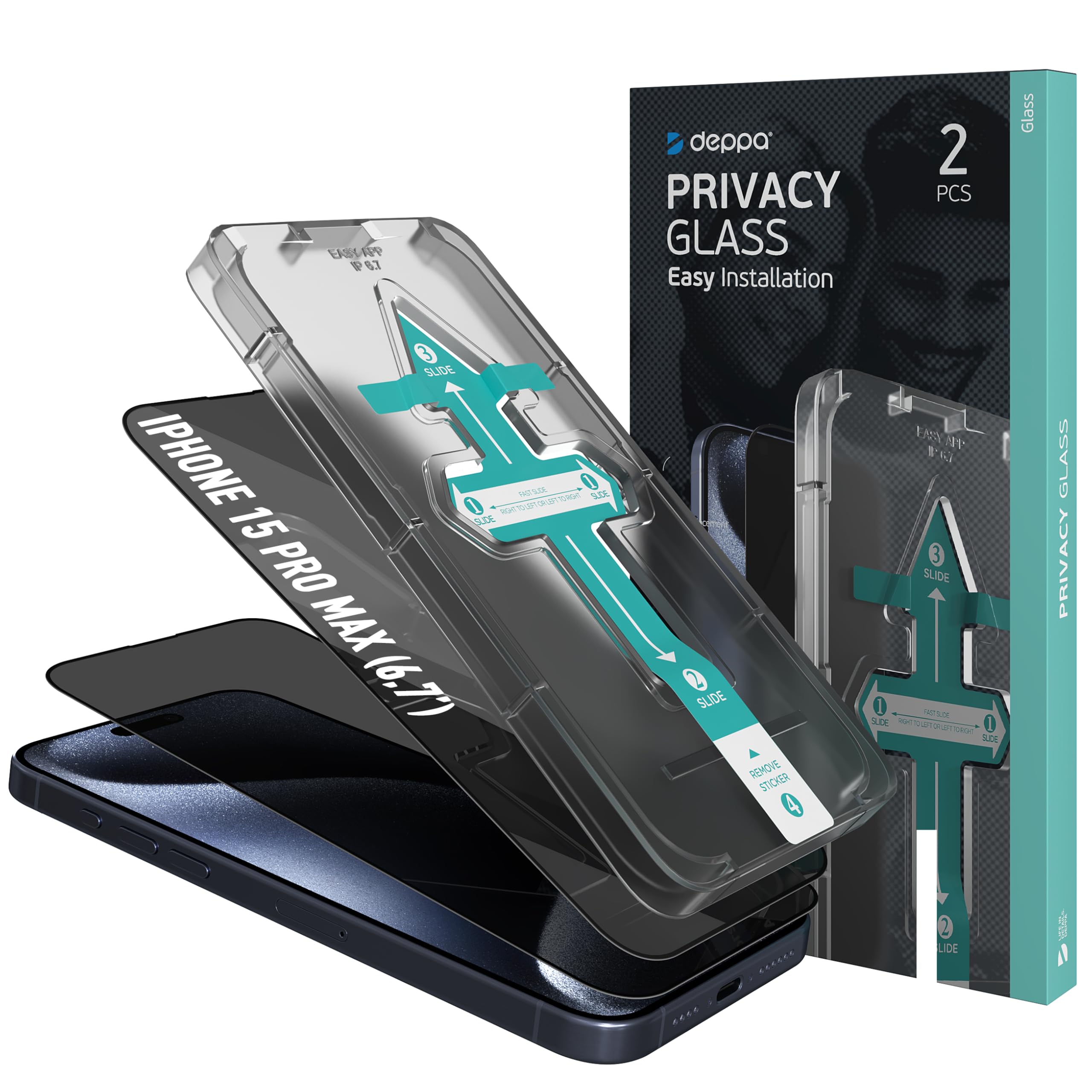 Deppa Privacy Pellicola Protettiva per iPhone 15 Pro Max (6,7) – Vetro Temperato Anti-Spia a Copertura Totale con Strumento di Installazione Facile, Schermo Ultra Resistente, 2 Pezzi