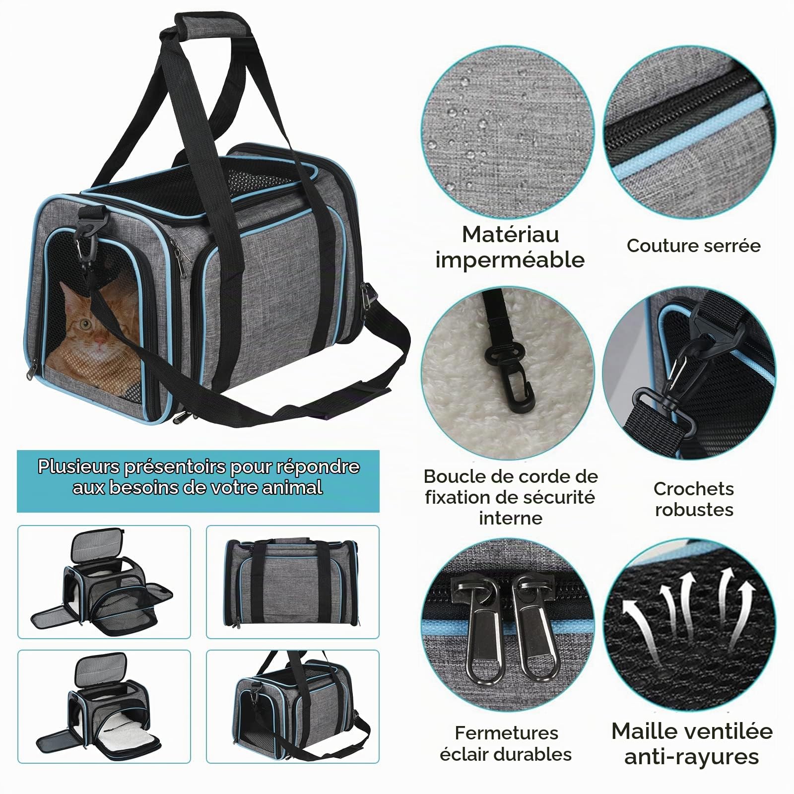 Sac de Transport Chat Chien Extensible Respirant, Sac à Main Bandoulière Pliable pour Animal de Compagnie avec Matelas Amovible, Cage de Transport pour Camping Randonnées Voyage (M)