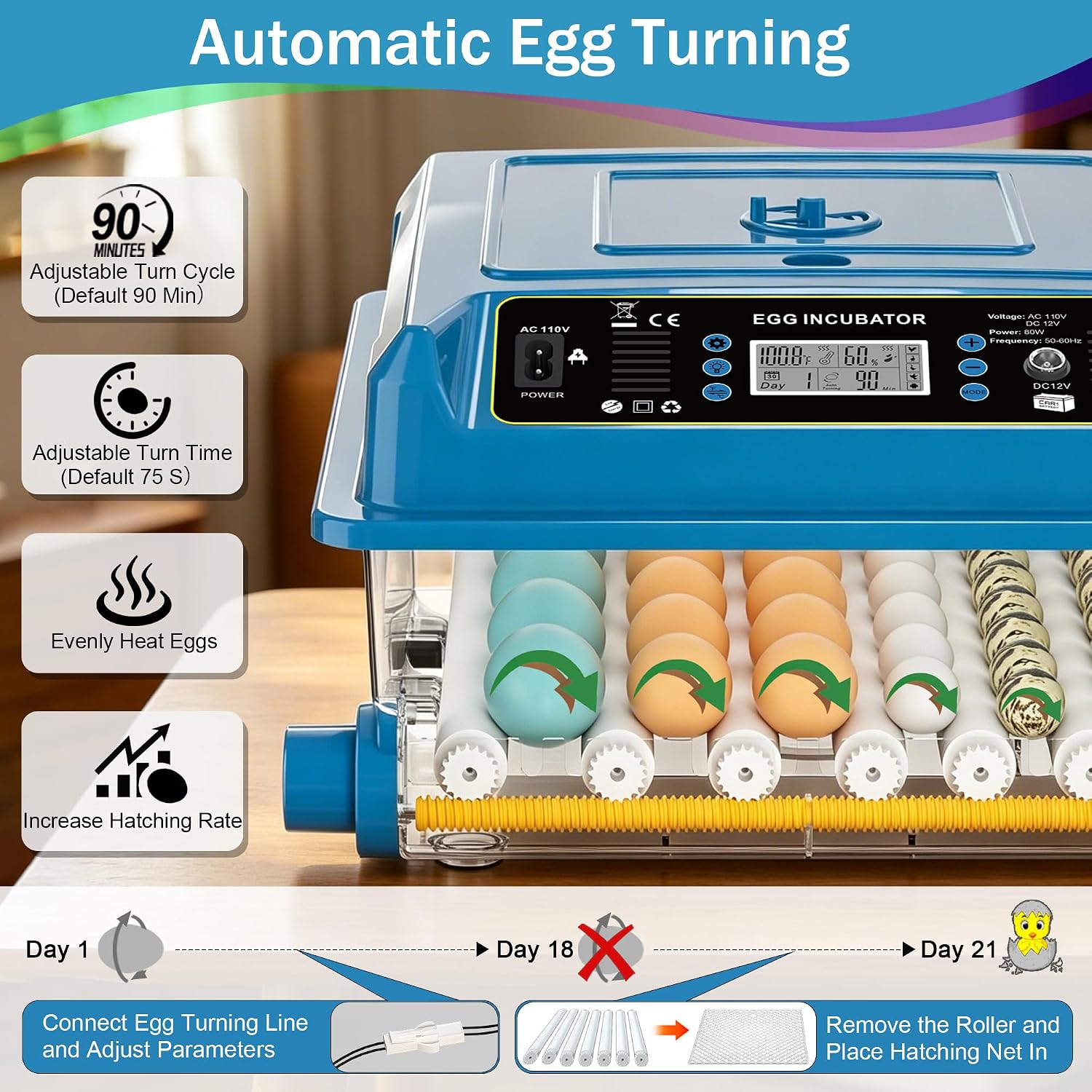CoInceptus 36 Eggs Incubators for Hatching Eggs,Egg Incubator with 4 Auto Incubate Mode, Chicken Incubator with Humidity Display Auto Water Filling,Quail Incubator with Automatic Egg Turning(Blue)
