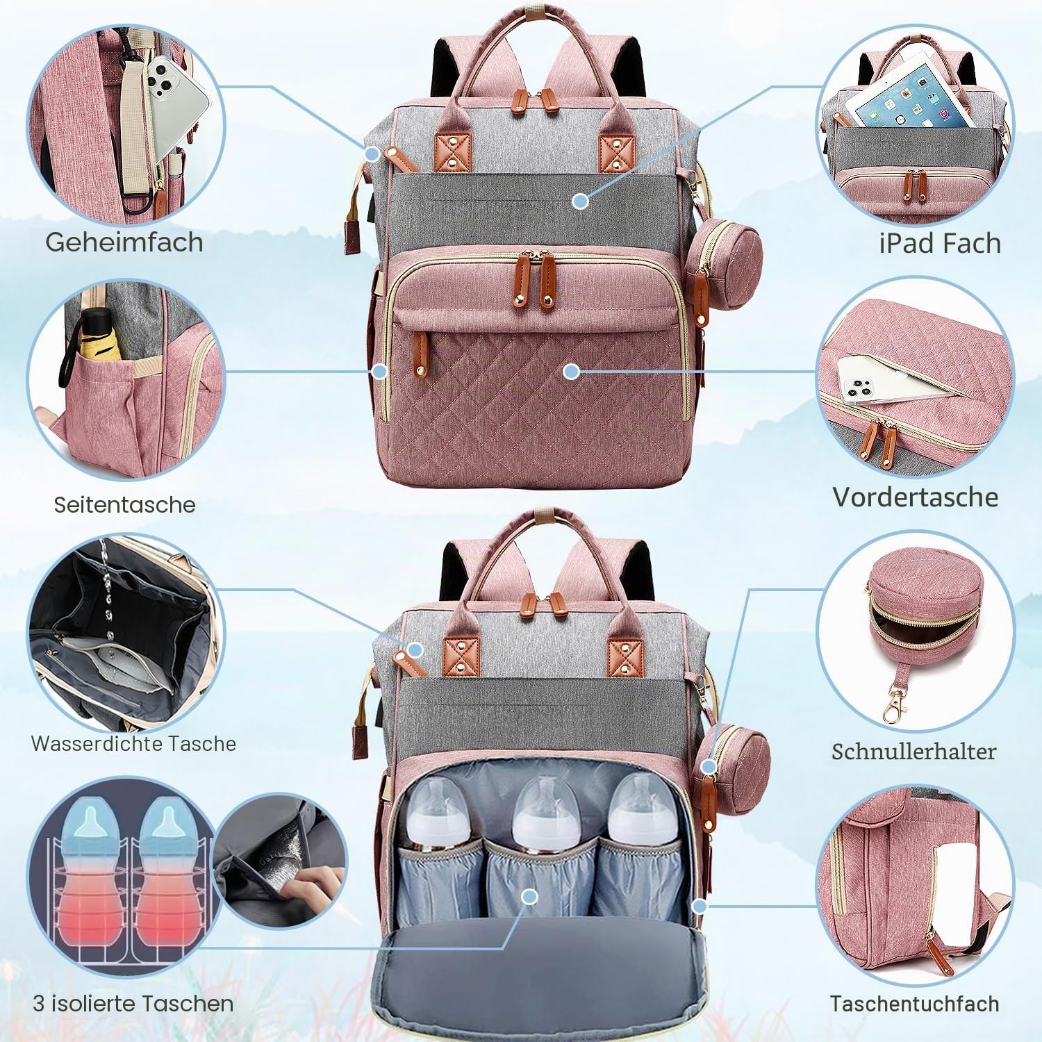 SHITIESHOU Wickeltasche Rucksack Baby Rucksack für Papa Mama mit Polsterung 16 Taschen