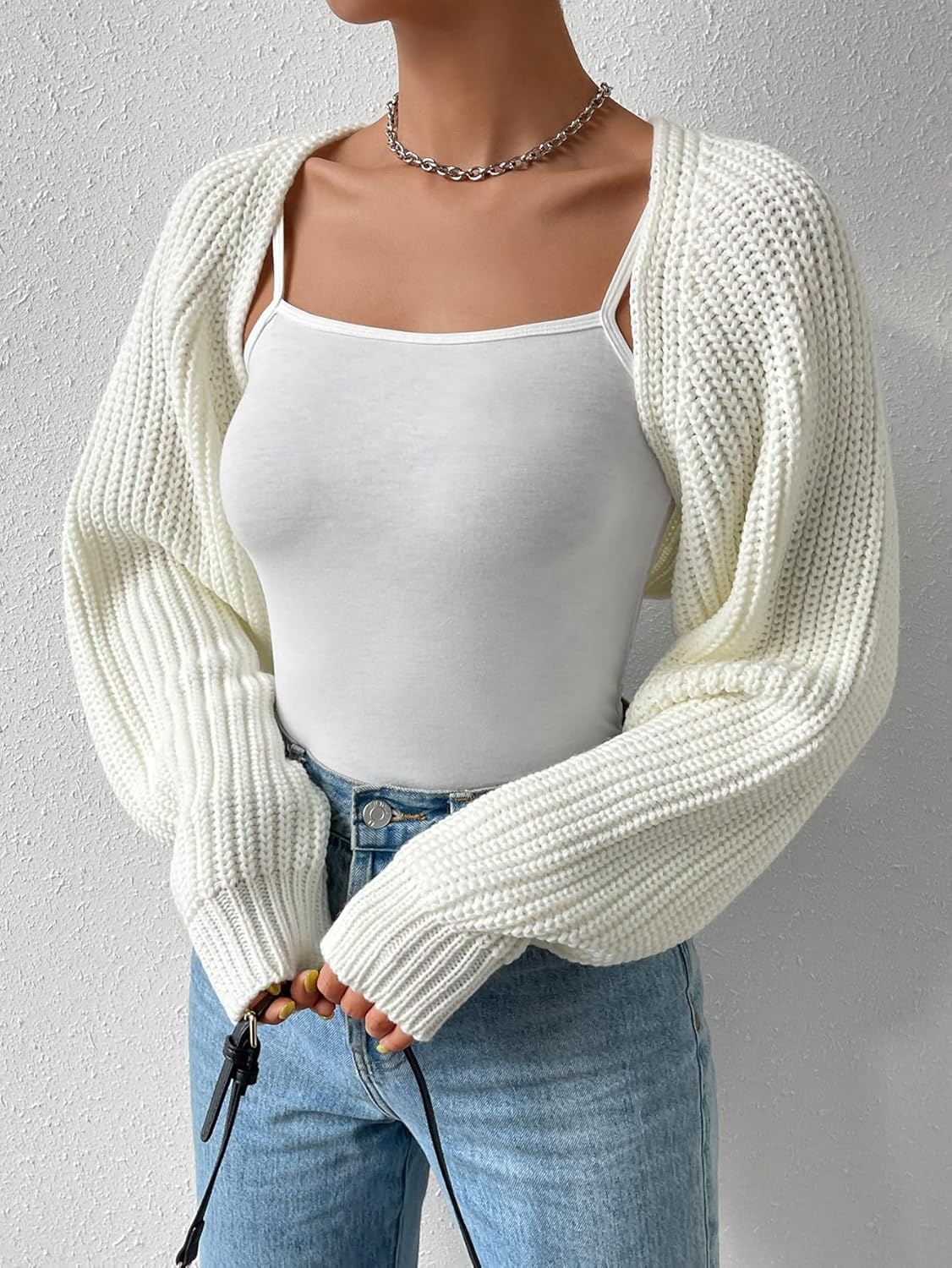 Womens Long Sleeve Open Front Sweaters Ribbed Knit Raglan Sleeve Shrug Crop Cardigan Without Cami Top