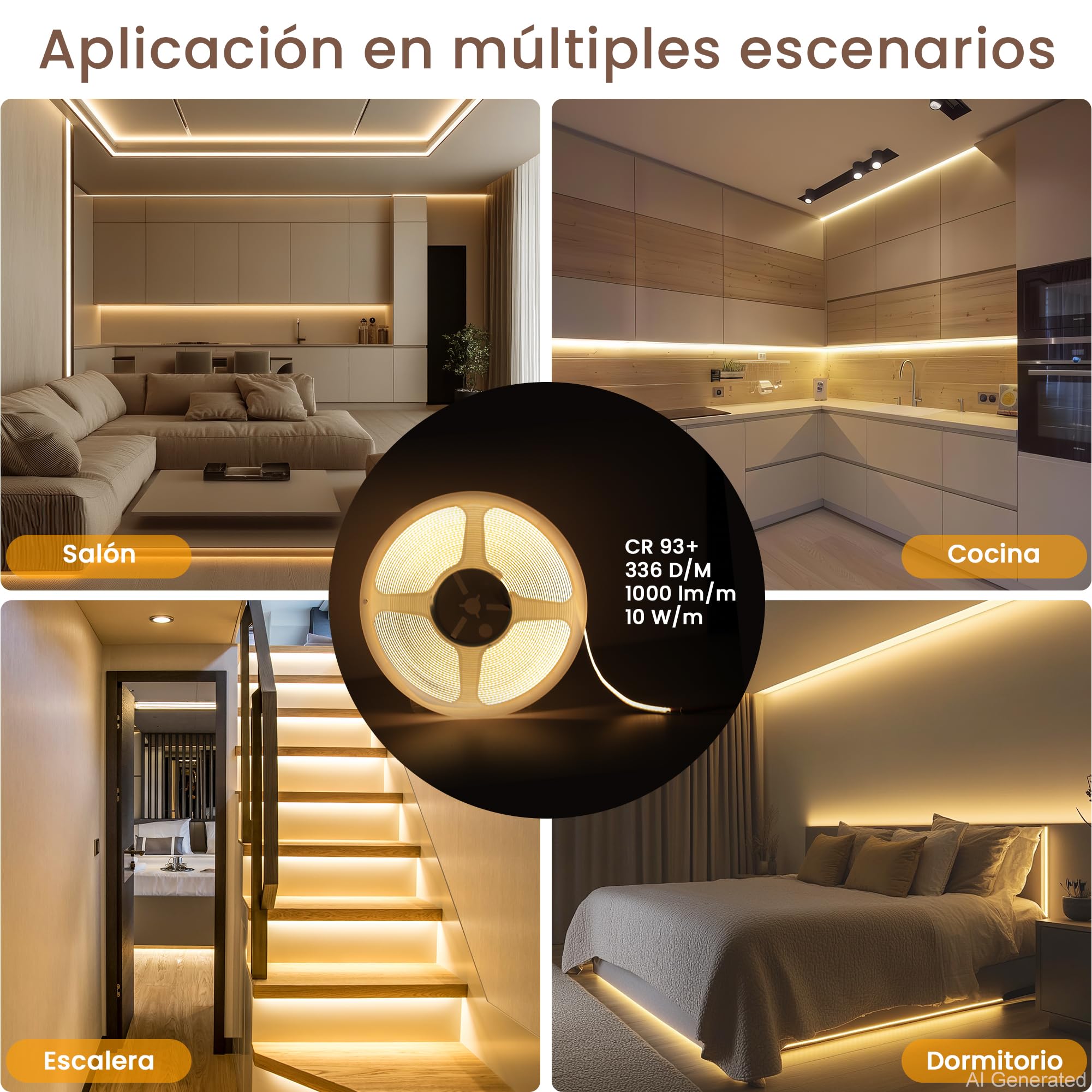 24V 20M Tira LED COB Regulable 3000K Blanco Cálido, Compatible con Alexa, 10W/M, 336 LEDs/M, CRI 93+, 1000LM/M con Fuente de Alimentación, para Decoración de Interiores, Dormitorio, Cocina, Comercio