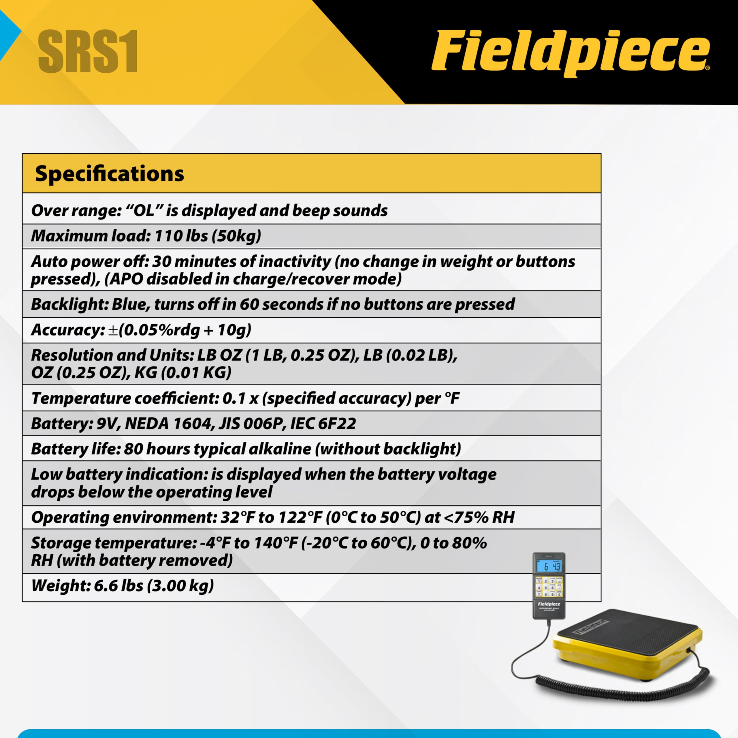 Fieldpiece SRS1 residenciales y comerciales ligeros refrigerante escala