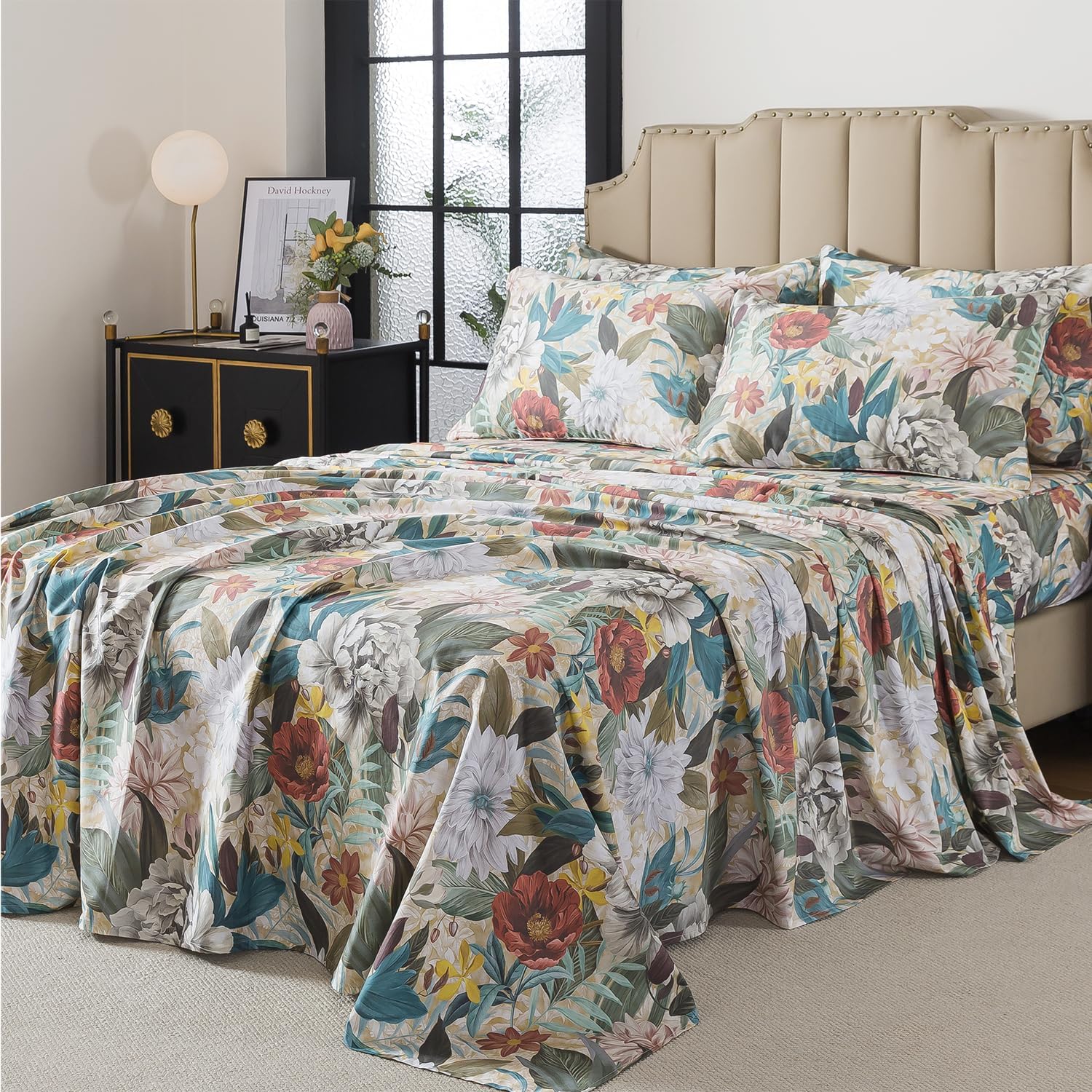 FADFAY Twin Sheet Set, 100% Cotton Sateen Soft Breathable, Luxury Vintage Floral Bed Sheets, Elegant Large Peony & Botanical Print, Classic Garden Style Bedding, Deep Pocket Fitted Sheet, 4 Pieces