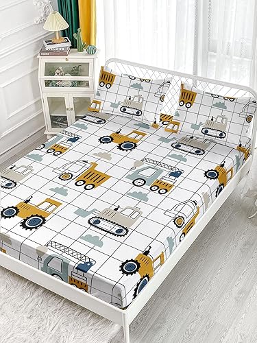 Miniatura 3 de Juego de sábanas para camión de construcción, 4 piezas, maquinaria, camión, excavadoras, vehículos, tractor, juego de sábanas impresas con 1 sábana