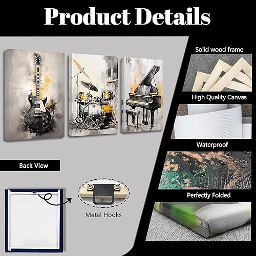 Miniatura 6 de QIXIANG Lienzo decorativo de pared para amantes de la música, 3 piezas, guitarra negra y dorada, piano y batería, impresiones de imágenes para