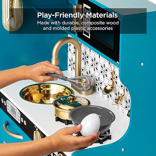 Miniatura 3 de Best Choice Products Juego de juguetes de madera para niños con diseño realista, teléfono, utensilios, horno, microondas, fregadero, verde azulado