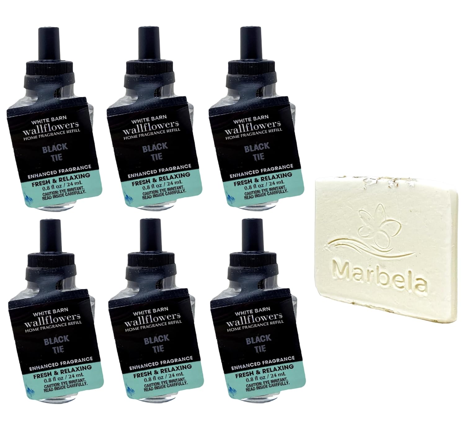 Bath & Body Works Black Tie 6 Pack Wallflower Fragrance with a Natural Oats Sample Soap