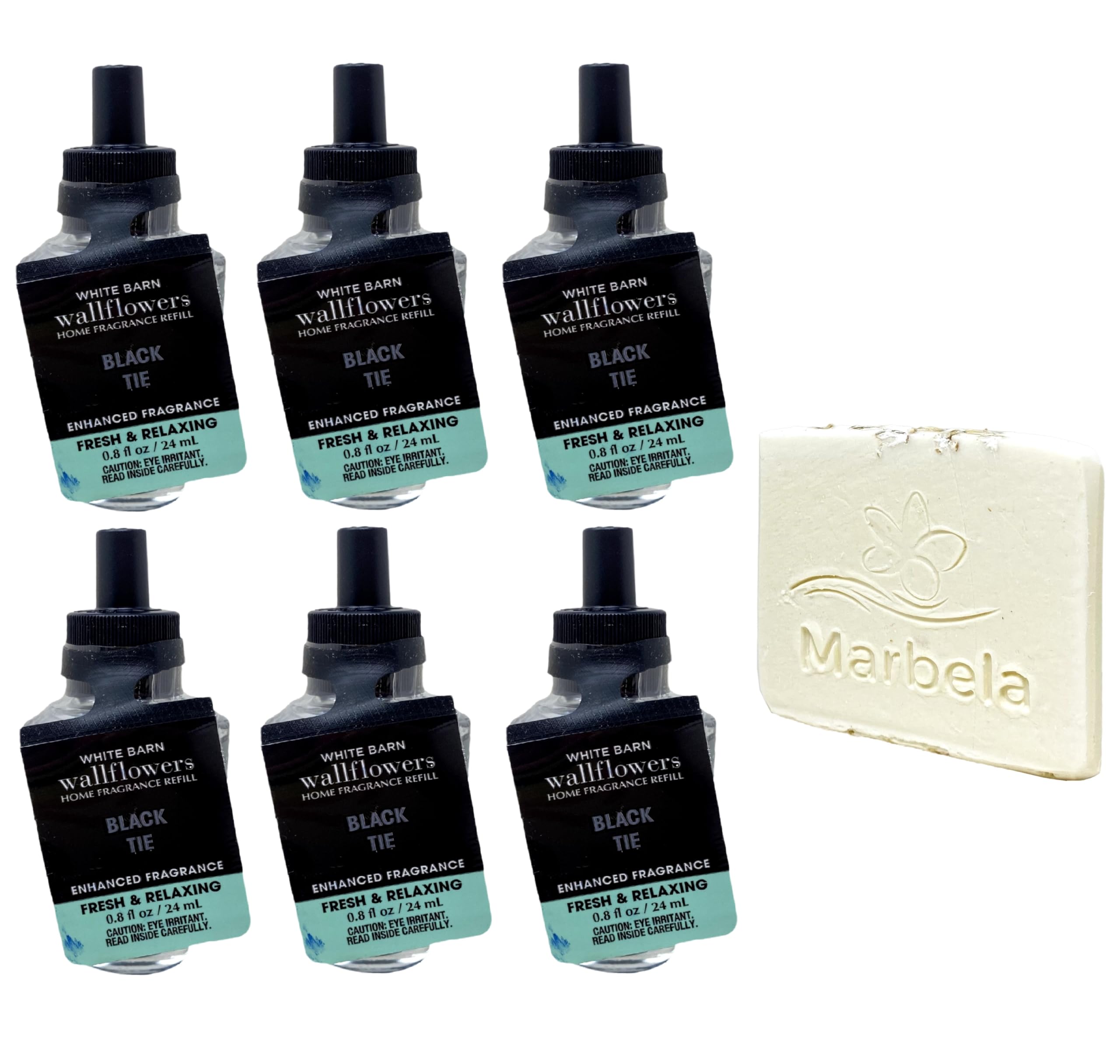 Bath & Body Works Black Tie 6 Pack Wallflower Fragrance with a Natural Oats Sample Soap