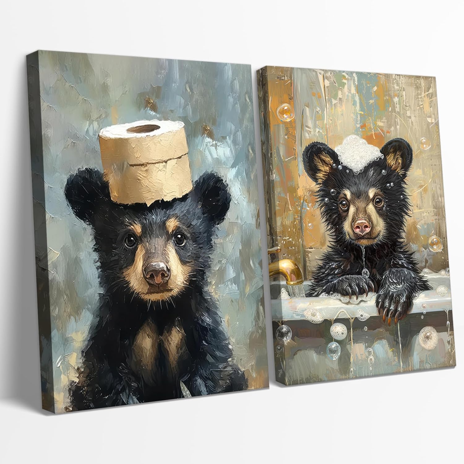 BHSUUHIT 2 Pcs Bear Bathroom Wall Art Funny Bathroom Animal Pictures Prints Black Bear With Paper Wall Decor Sitting in Bathtub Canvas Cute Humorous Posters Ready to Hang Home Decor(16x24in Canvas)
