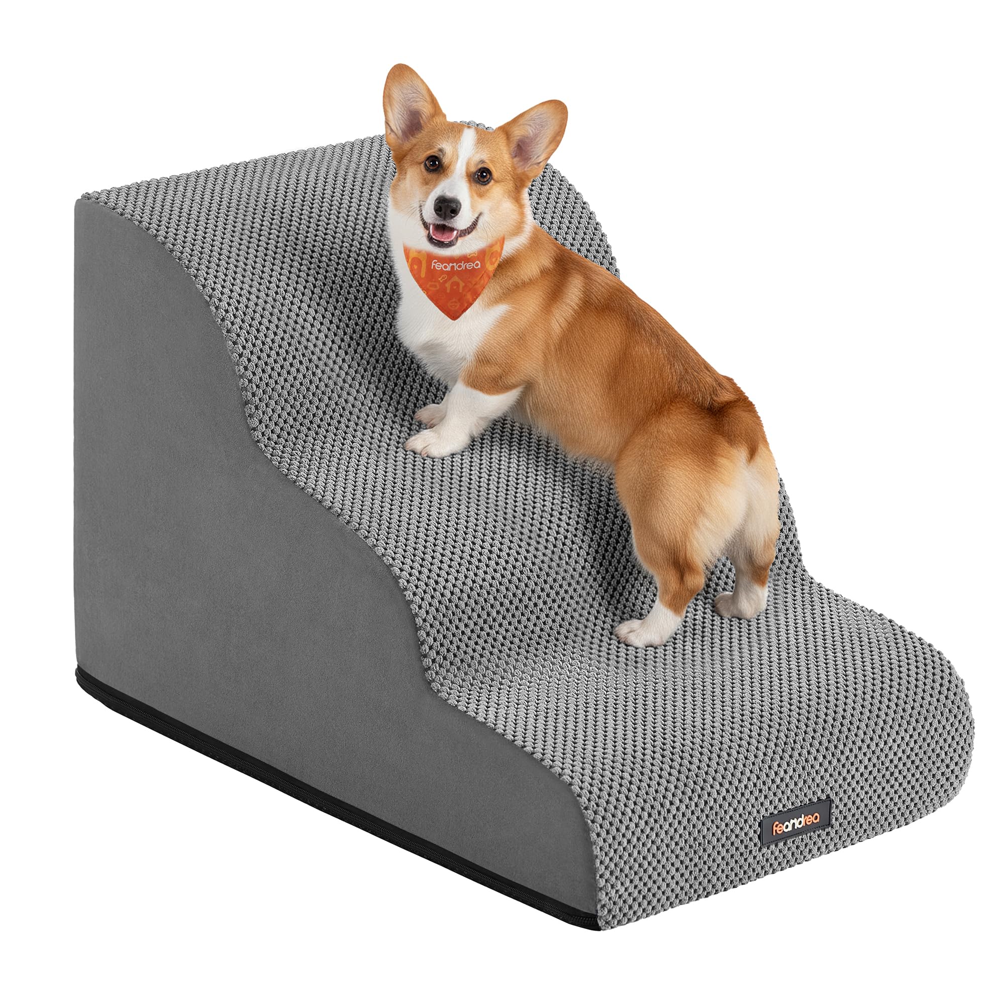 Feandrea Escalier pour Chien, à 3 Marches, Velours Gaufré, Marches pour Chien, Lit, Canapé, Imperméable, Design Antidérapant, Pente Douce, Housse Amovible Lavable, Poignée, Gris Tourterelle PPS013GD01 | Antidérapant avec faible pente, housse lavable pour