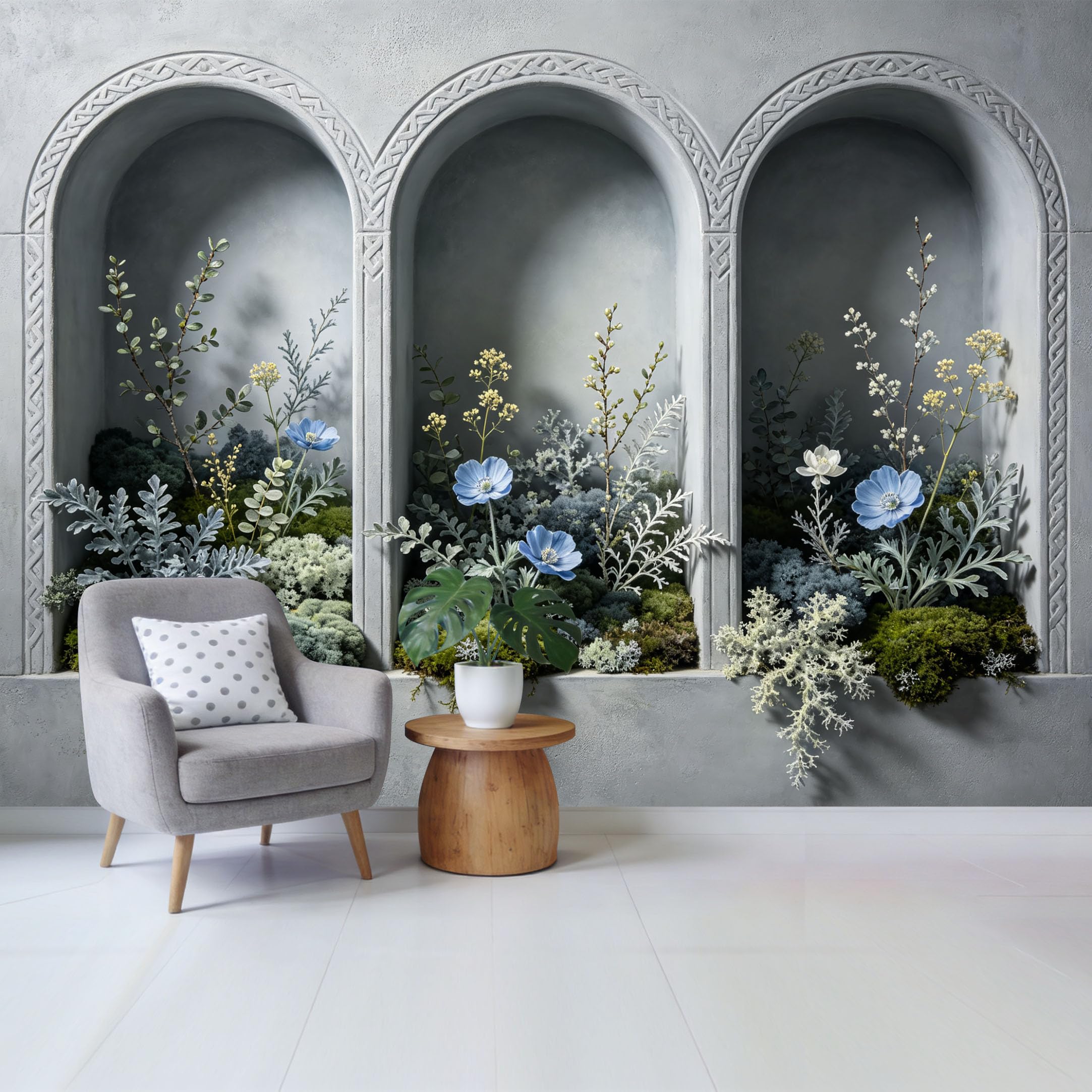 Custom Size Wall Mural Botanical Arch Garden Blue Floral Arrangement Textured Minimalist Removable Self Adhesive Fabric Home Wall Decor for Living Room Bedroom Bathroom