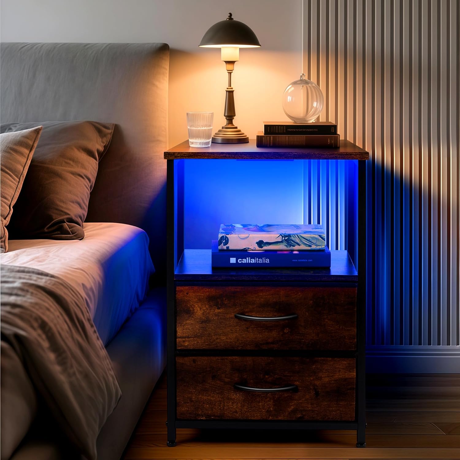 Night Sand with Charging Station and LED Lights, Bed Side Table with 2 Fabric Drawers and Storage Shelfs, End Table with USB Ports and Outlets for Bedroom and Livingroom