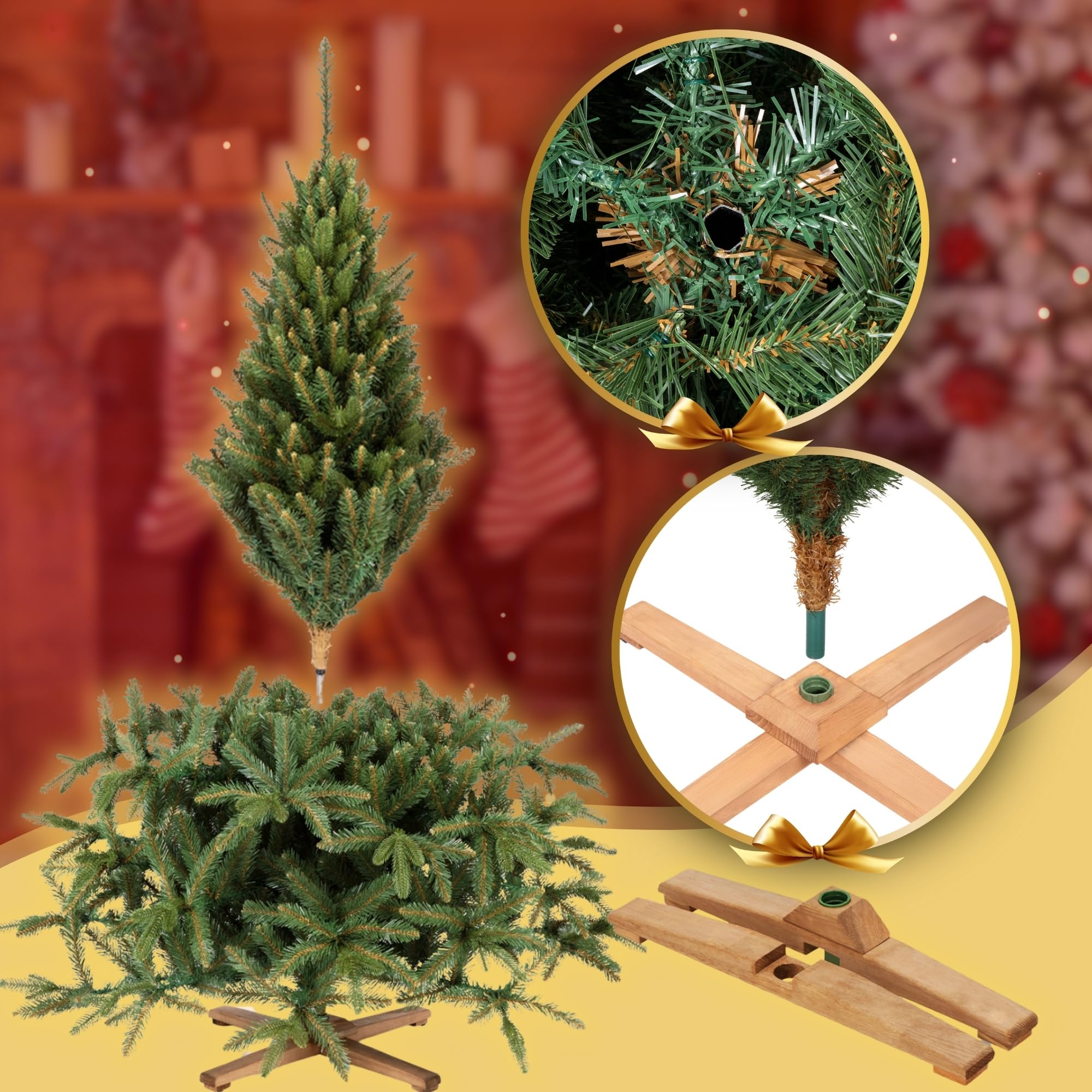 Árbol de Navidad artificial de 180 cm – Abeto siberiano artificial realista y denso con 755 puntas y soporte de madera, Christmas Tree árbol de Navidad verde realista, incluye bolsa de