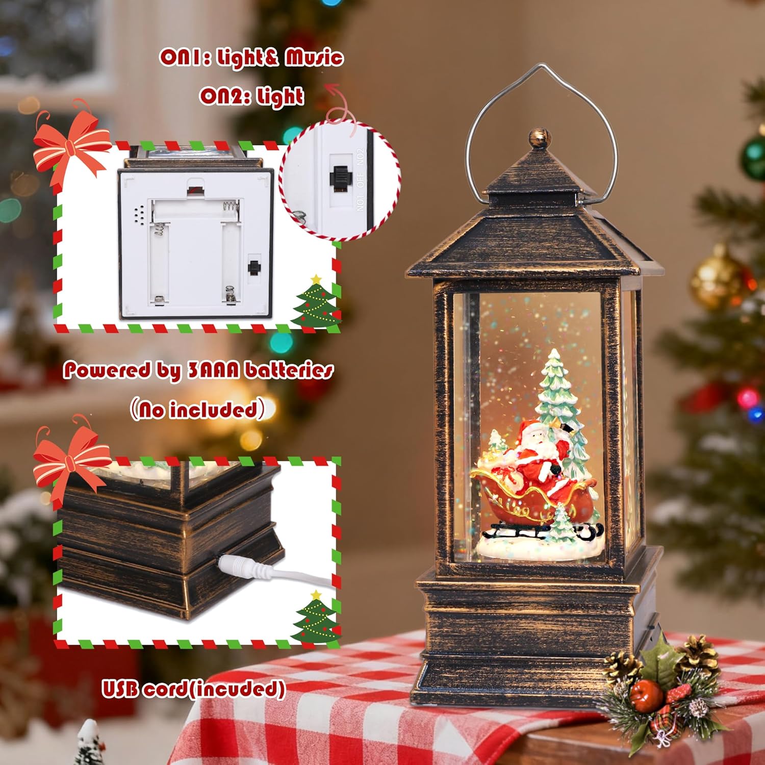 Santa Christmas Snow Globe Lantern - Battery Operated Musical Snow Globe with LED Lights & Holiday Songs, Festive Christmas Decor for Home