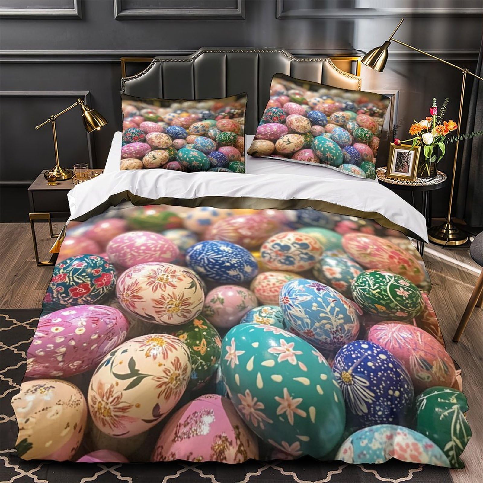 Housse de couette motif œufs de Pâques imprimé 3D microfibre 3 pièces