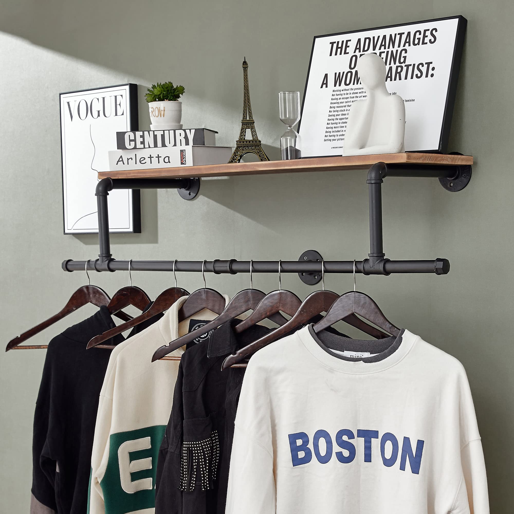 36In Industrial Pipe Clothing Rack with Top Shelf, Space-Saving Wall Mounted Clothes Rack, Shelf with Hanging Rod for Closet Storage, Laundry Room. (1T, Brown)