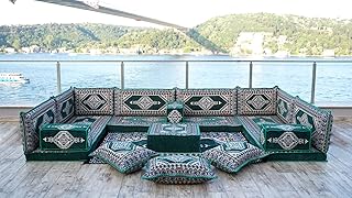 Green Corner Arabic Floor Seating, Sectional Floor Sofas, Floor Couches, Balcony Patio Sofas, Pallet Sofa, Ethnic Sofa, Moroccan Sofas, Pouffs (U Sofa Full Set)