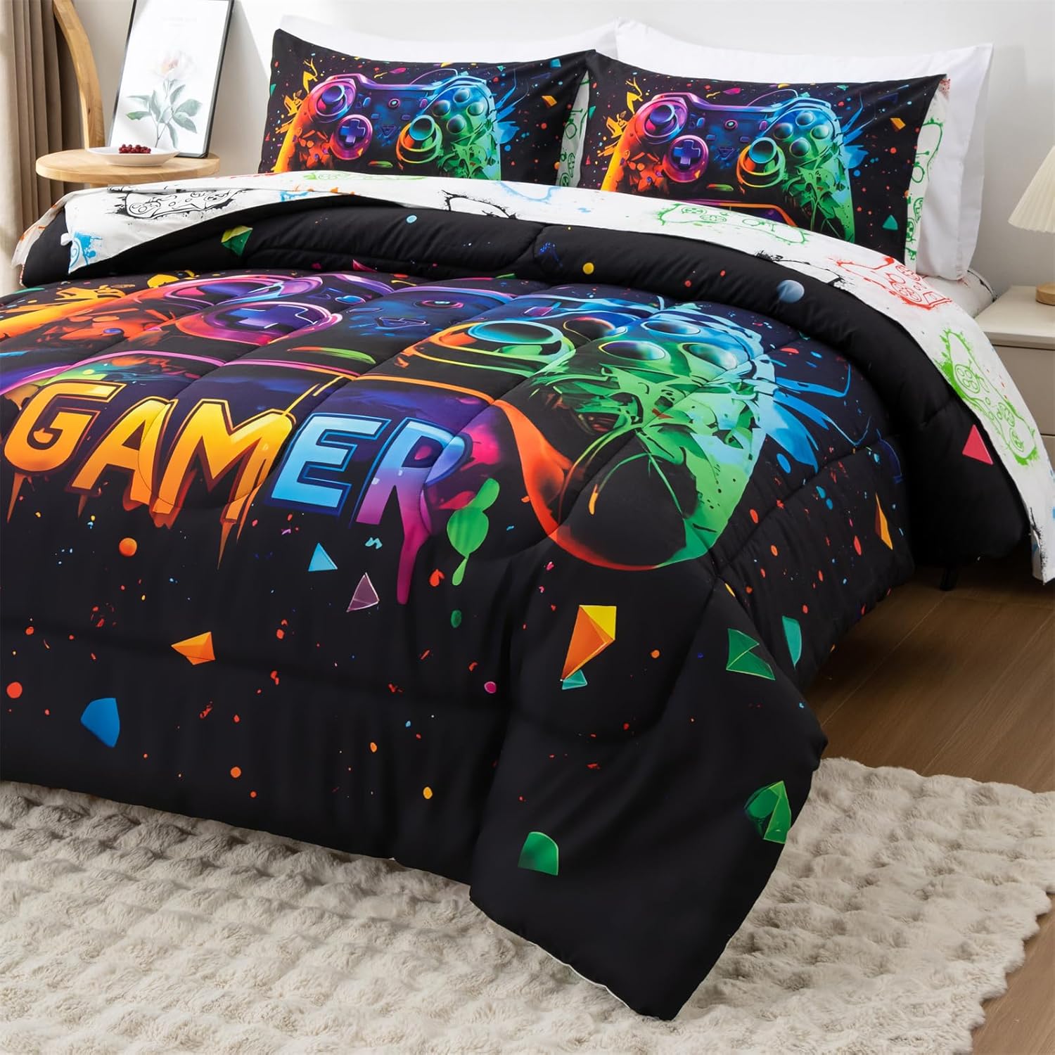 Holawakaka Twin Size Gaming Console Bed in A Bag 5 Pieces for Boys Gamer Comforter with Sheets Set for Kids Teens Graffiti Video Gamepad Quilt Bedding Set, Multi-Color Twin - Image 6