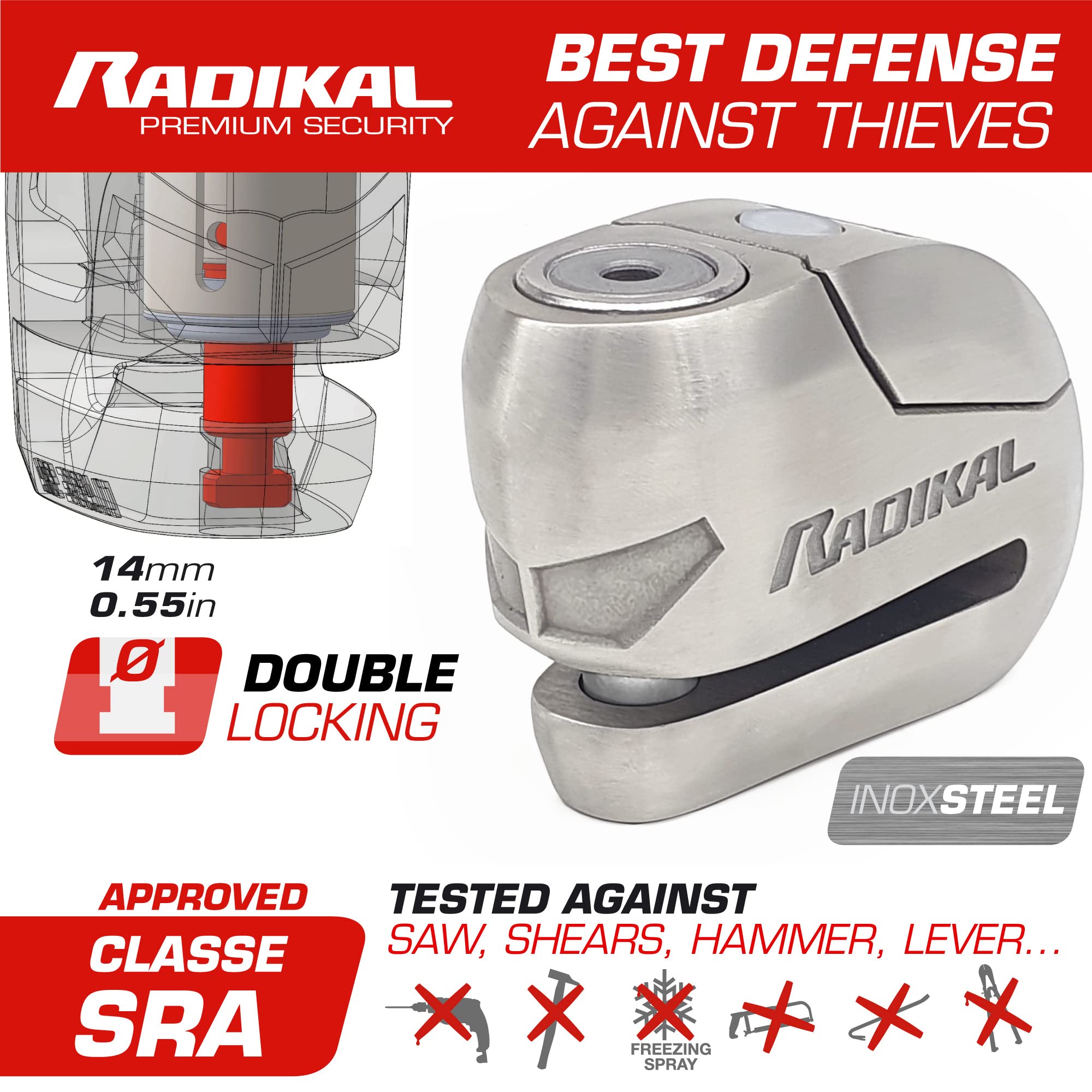 RADIKAL RK14S Lucchetto Antifurto Moto Con Allarme 120 DB – Bloccadisco Omologato SRA, Doppio Bloccaggio 14mm, Chiave Ad Alta Sicurezza