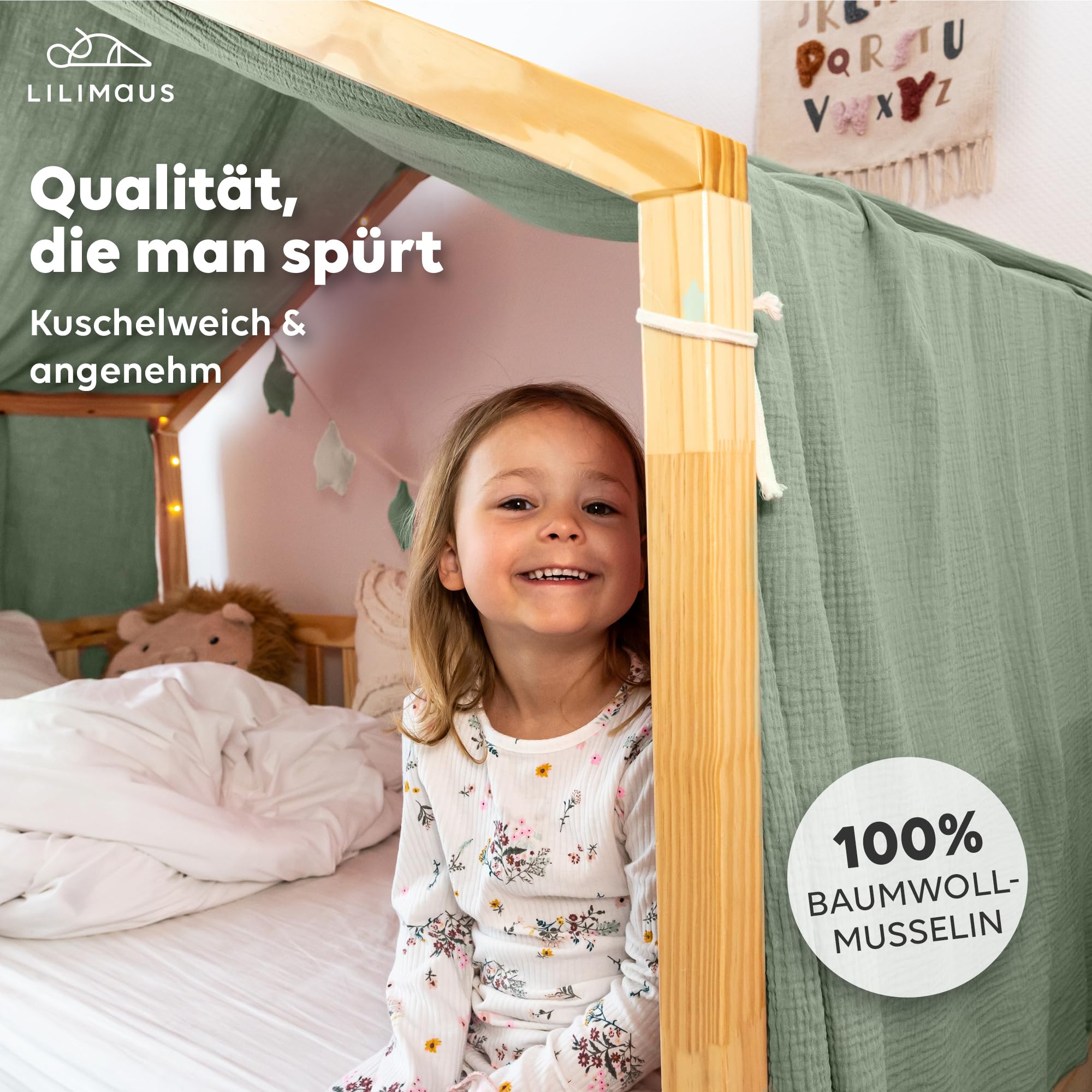 lilimaus Hausbett Himmel [in 12 Farben] Betthimmel Hausbett aus 100% Baumwolle Musselin - Stoffhimmel für Hausbett Deko Mädchen & Jungen - Himmel für Hausbett Kinder - Bett Vorhang Kinderbett