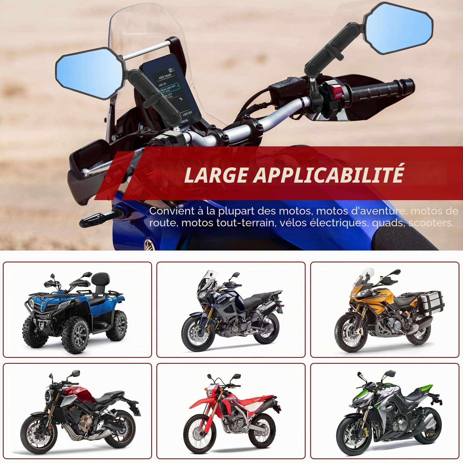Heart Horse Rétroviseurs Moto, Anti-Glare Retroviseur de Moto Guidon avec E24 Homologué, 7/8" Rétroviseurs Pliable Moto avec Filetés M8 M10, Retroviseur de moto pour Enduro Aventure Scooter ATV Quad