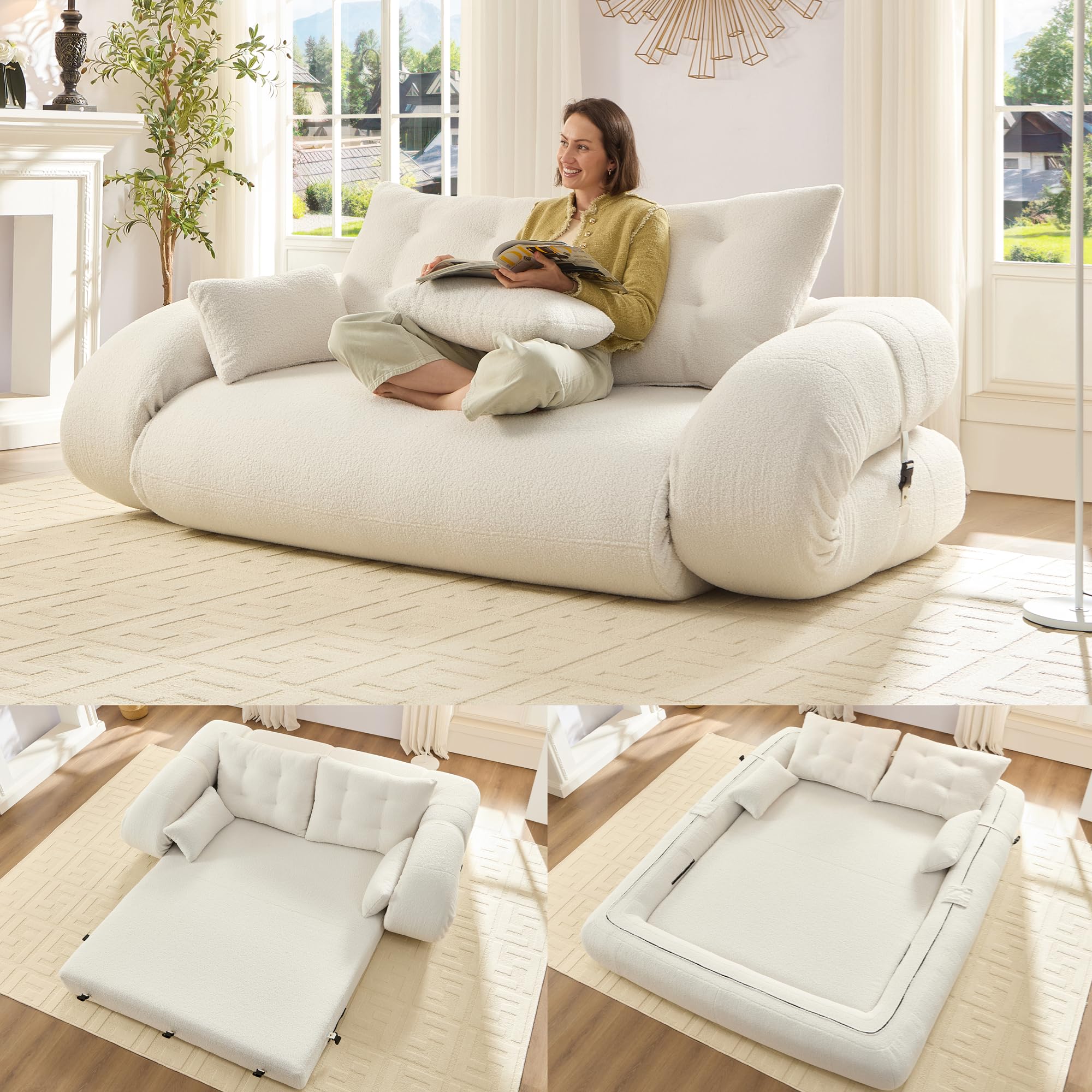 Tabaray 78.7" King Foldable Sofa Bed, Lazy Sofa Couch, 3-in-1 Multi-Functional Sleeper Sofa Bed, Teddy Futon Sofa, Floor Loveseat Sofa, Human Dog Bed,