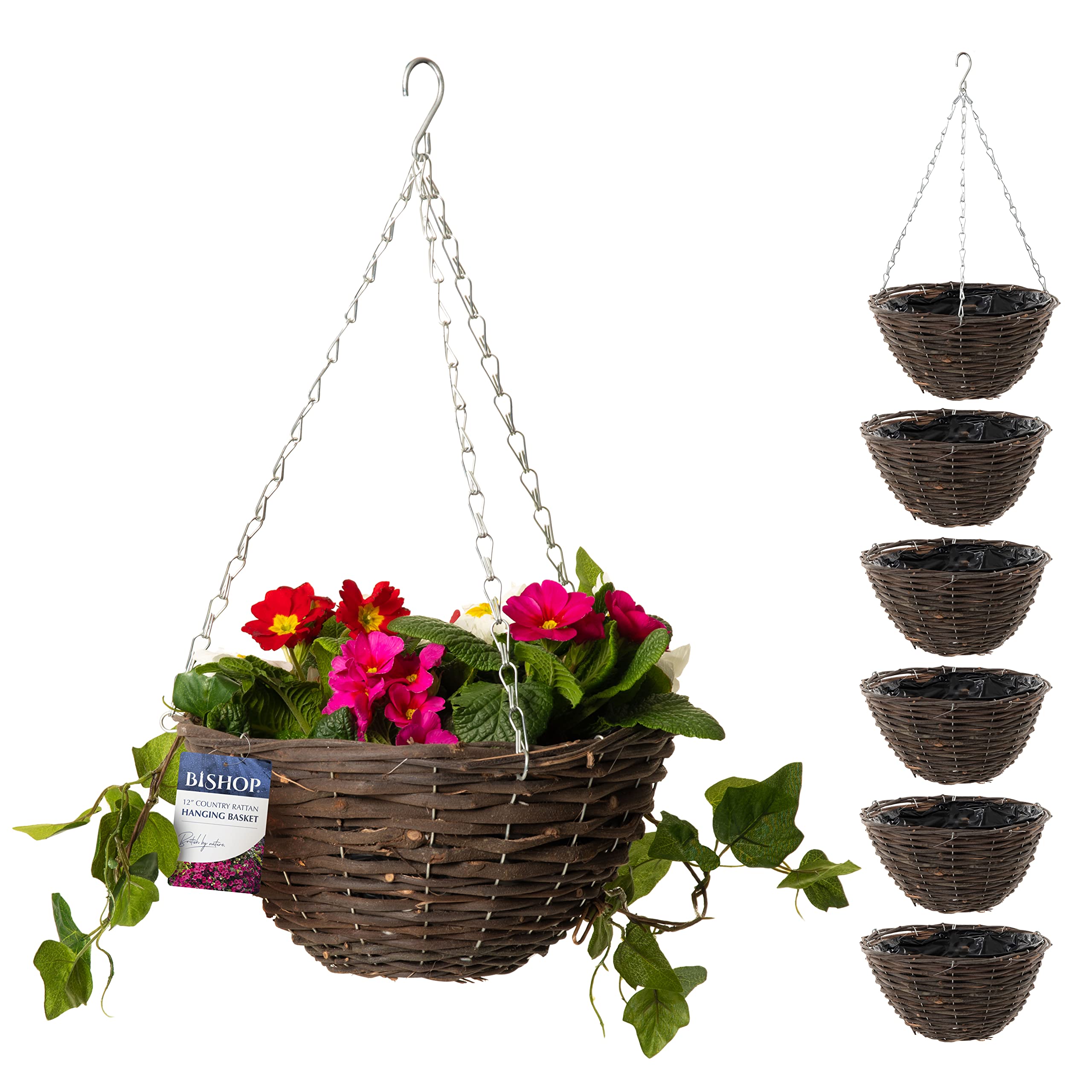 Bishop Women's Dark Rattan Rattan Hanging Baskets Outdoor — Dark Wicker 12 Inch Hanging Basket With Liner — Perfect Gardening Gifts For — Great Looking Garden Decorations Outdoor Garden Planters